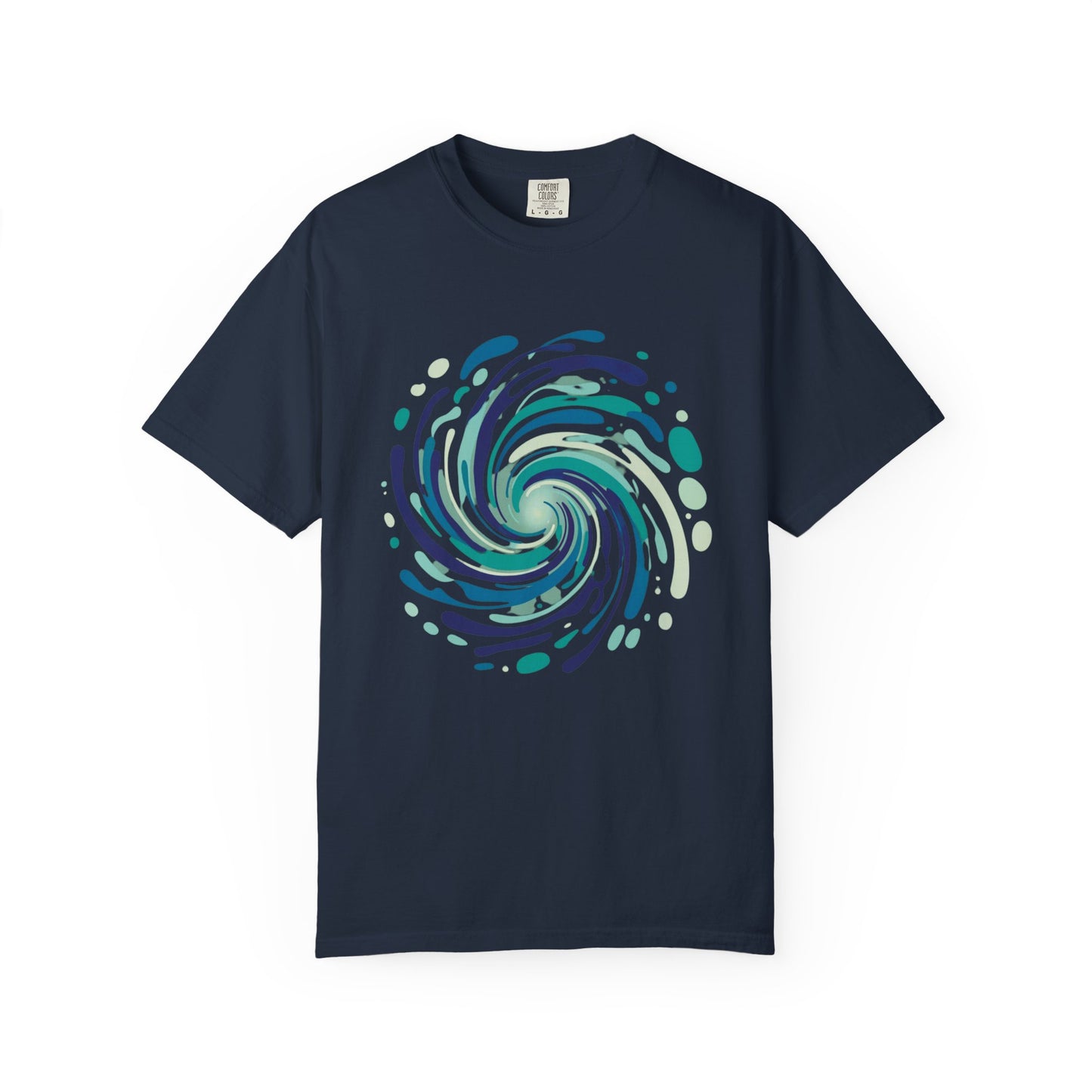 Ocean Waves Abstract T-Shirt features a dynamic swirl of fluid lines, embodying oceanic energy with bubble-like accents, perfect for summer and beachwear. Double-needle stitching ensures durability and comfort.