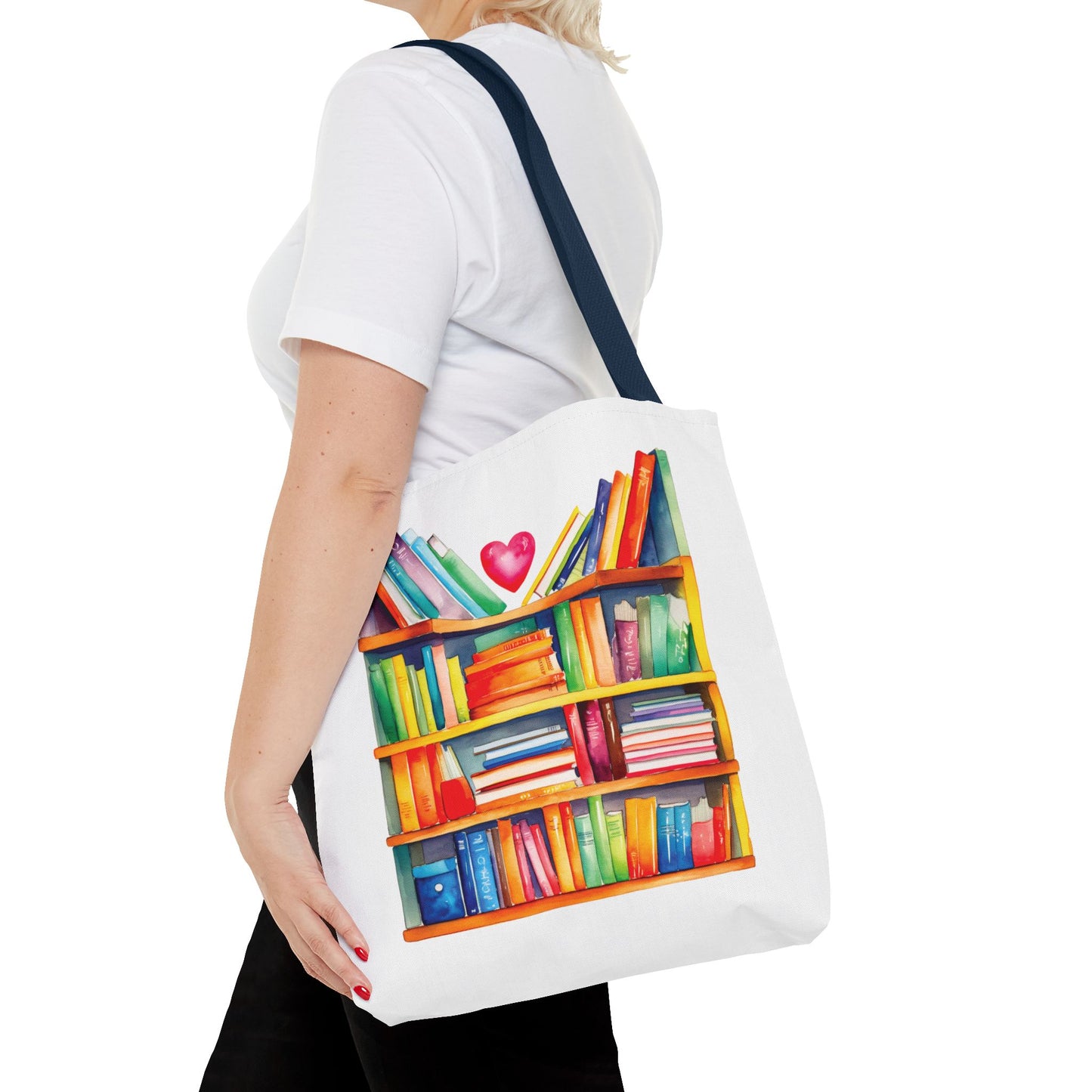 Books Tote Bag - 100% Spun Polyester, featuring a book design, carried by a woman; durable, with reinforced handles, ideal for book lovers.