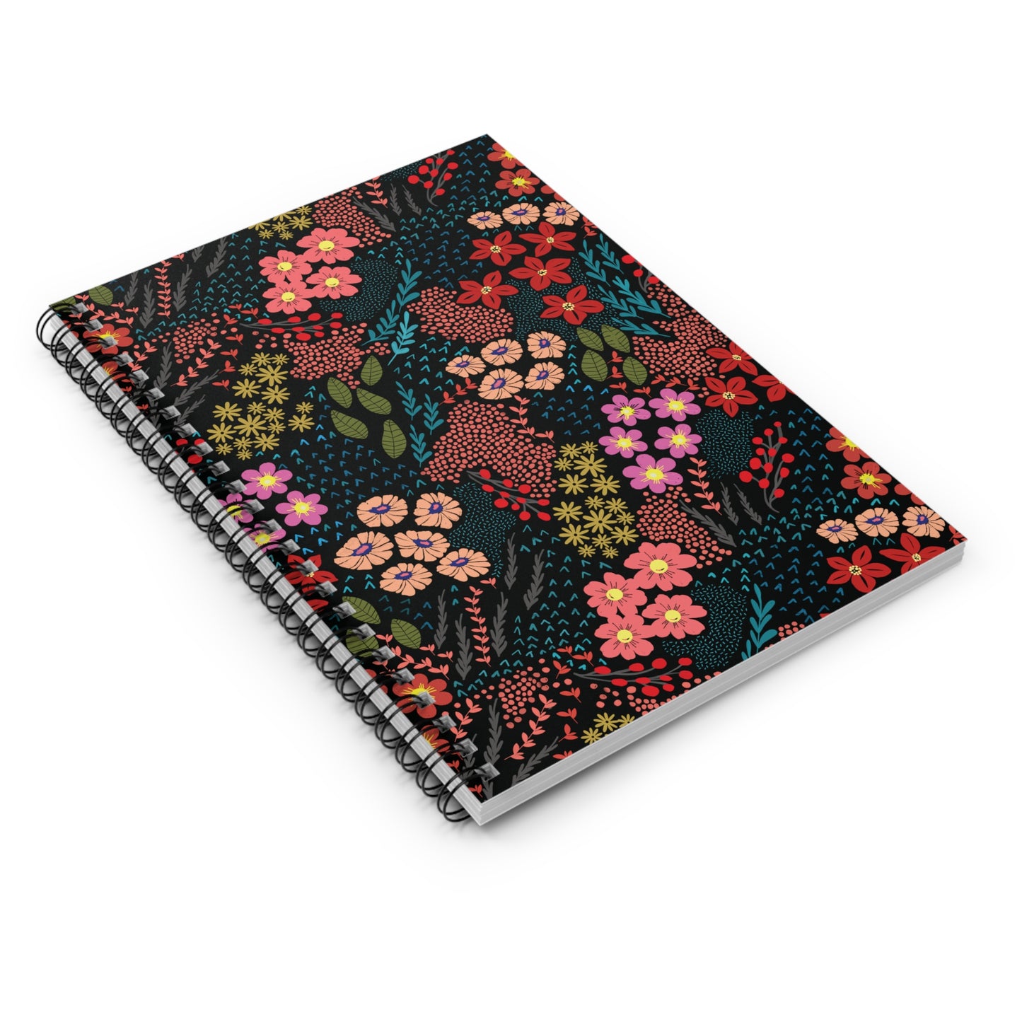 Floral Spiral Notebook with glossy black cover, adorned with vibrant red, pink, peach, and yellow blossoms, ideal for creative notes and sketches. Features sleek metal binding for easy page turning.