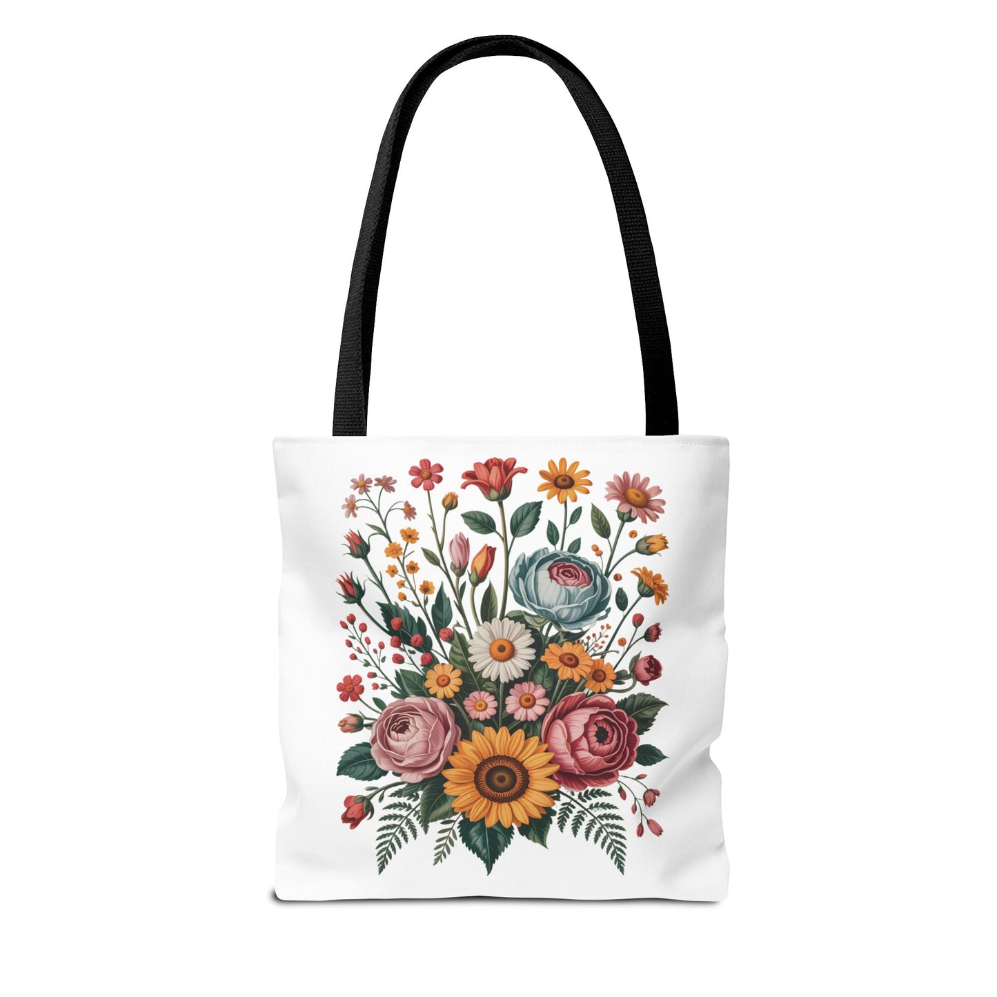 Botanical Vintage Flower Tote Bag with a collage of muted pastel and warm-toned floral illustrations, ideal for nature lovers. Durable polyester, reinforced handles. Available in various sizes from FireBrook Designs.