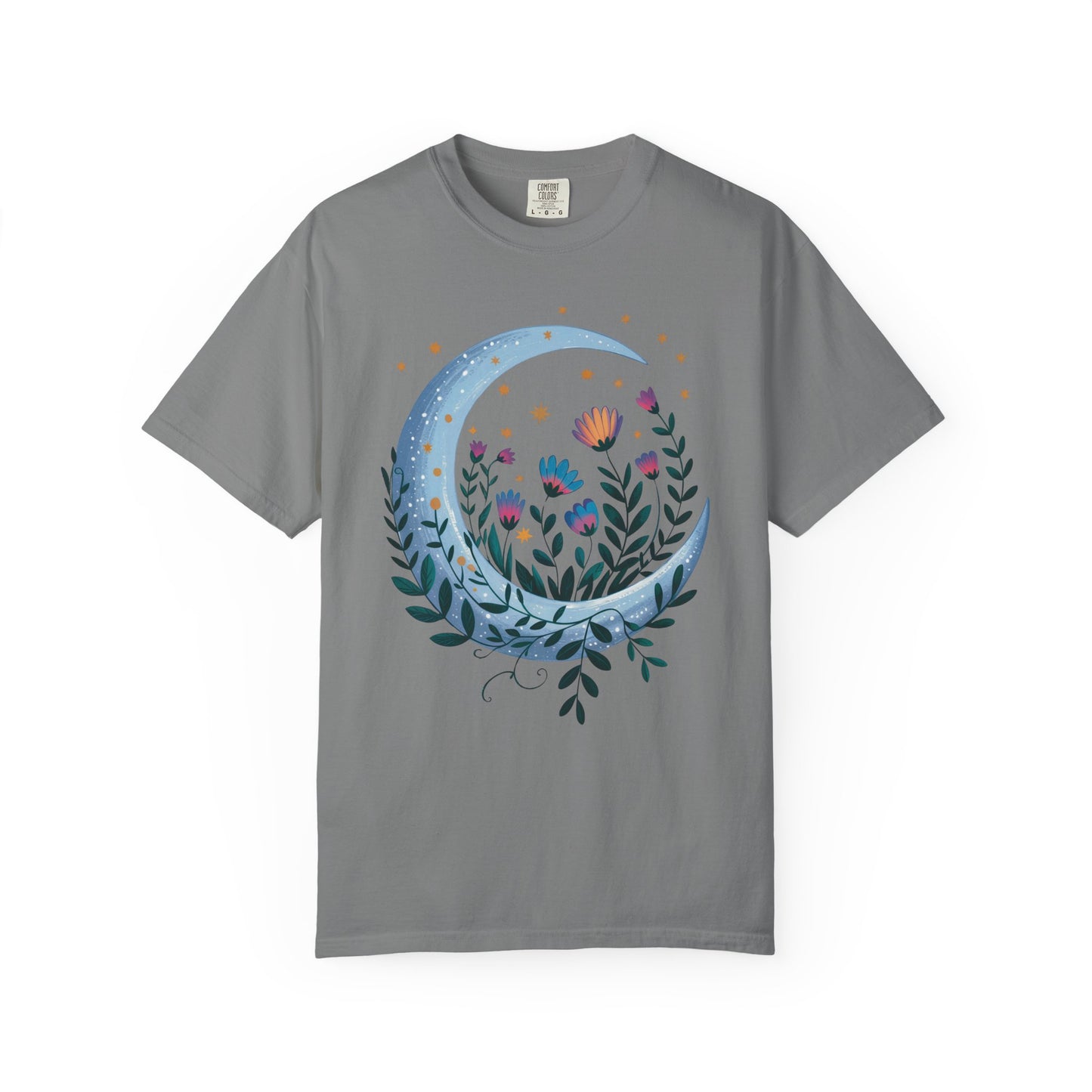 Crescent Moon with Flowers T-Shirt showcasing a bohemian, dreamy design. Features durable double-needle stitching and a relaxed fit, perfect for casual wear or special gatherings, embodying FireBrook Essentials' uplifting style.