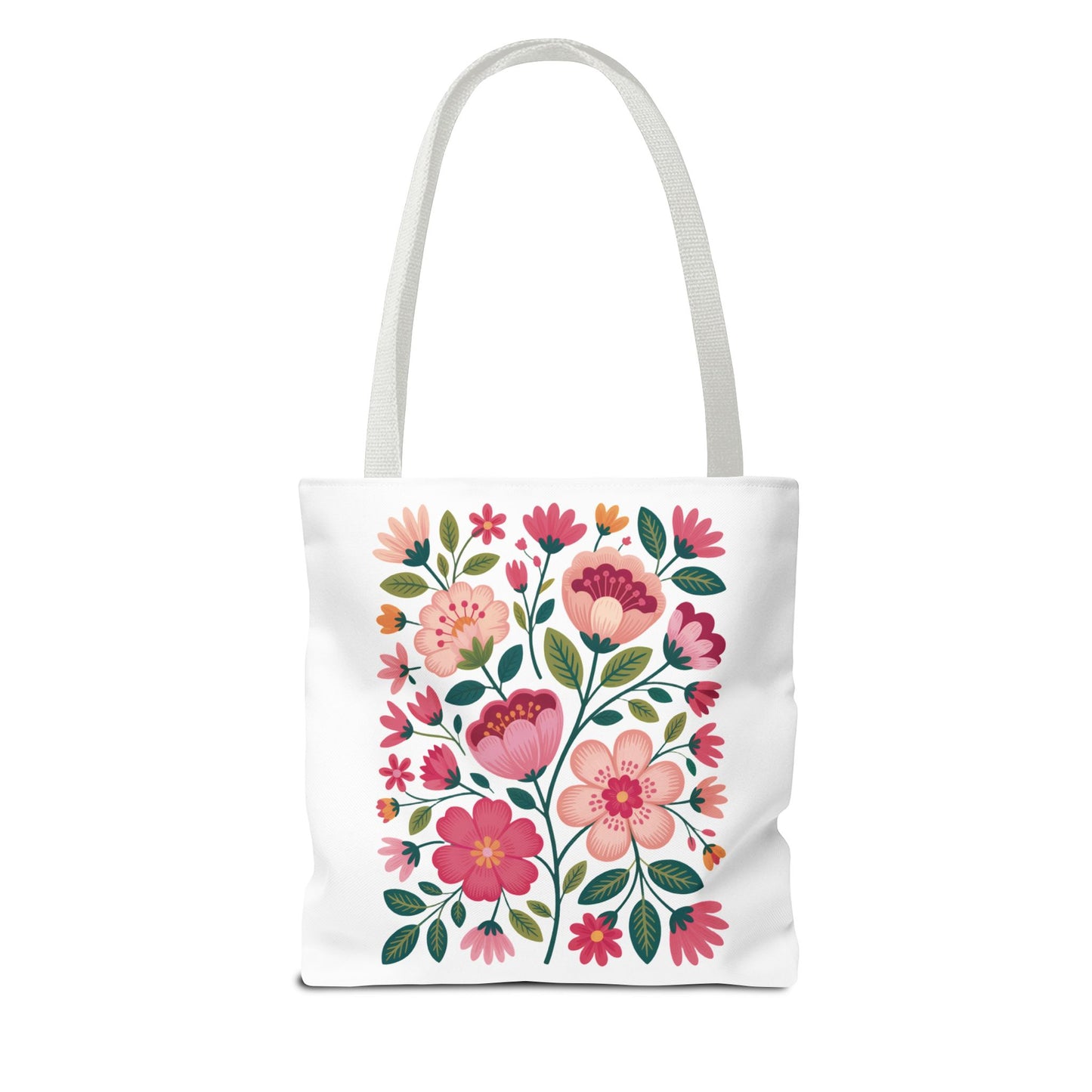 Pink Floral Folk-Art Style Tote Bag featuring vibrant floral illustration with blush and magenta tones, complemented by dusty green leaves. Ideal for carrying essentials, reflecting FireBrook Essentials' uplifting and joyful design ethos.