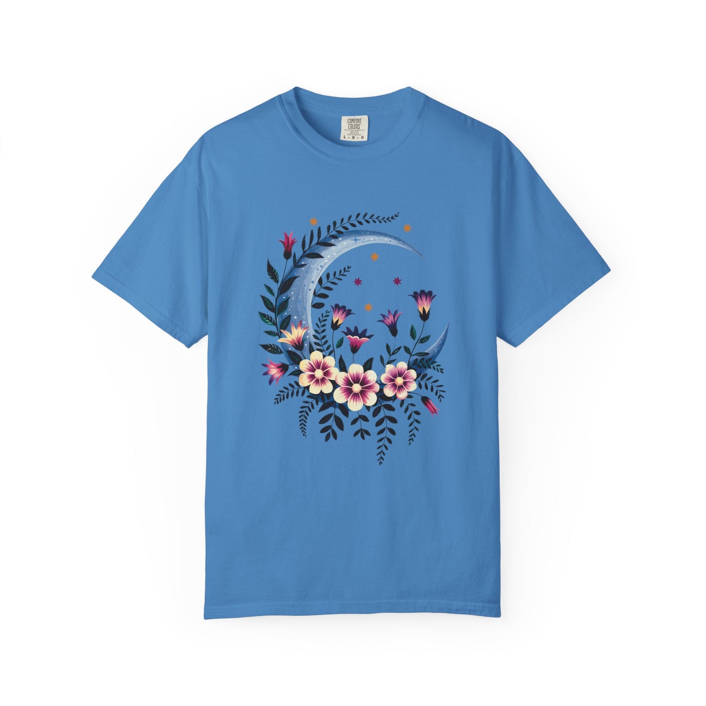 Crescent Moon Floral T-Shirt featuring a bohemian design with a relaxed fit and crew neckline, ideal for casual gatherings. Made from ethically grown US cotton with durable double-needle stitching.