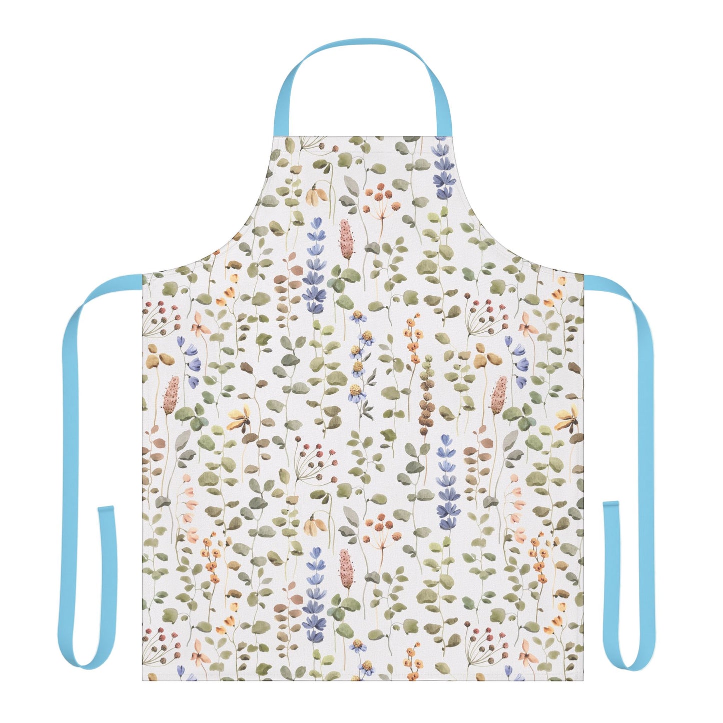 Apron, Wildflower Design, 5-Color Straps: Close-up of a stylish apron showcasing a wildflower pattern, suitable for cooking or art. Features comfortable tie-back closure and vibrant, stain-resistant polyester canvas.