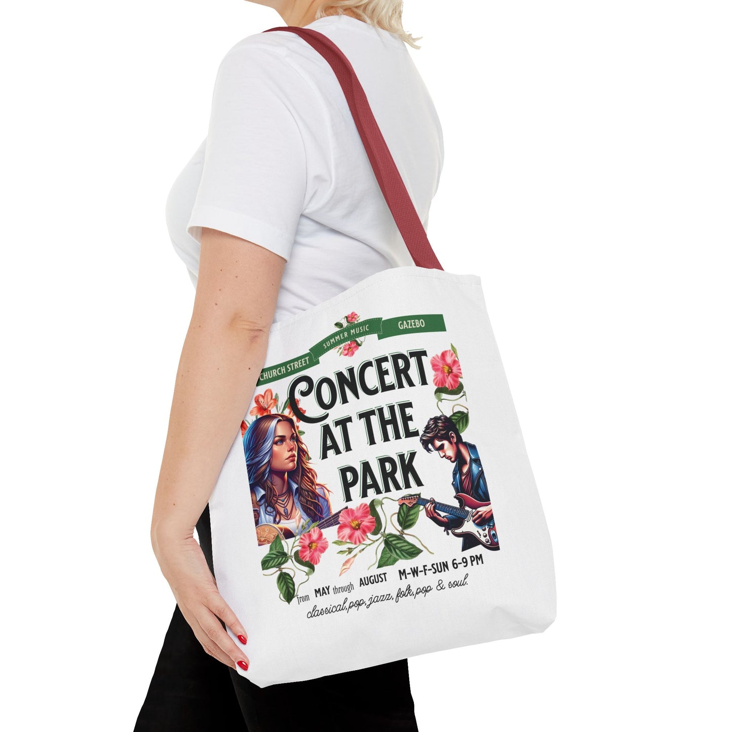 Concert At the Park Tote Bag featuring a lively concert scene, ideal for outdoor enthusiasts. Durable polyester with ample storage, perfect for summer outings.