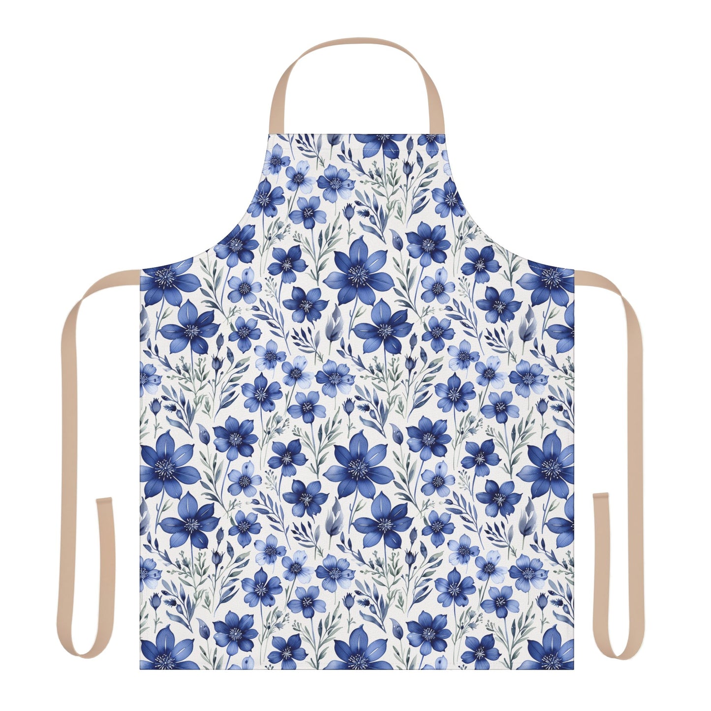 Apron, Blue Wildflower Pattern: A hand-painted indigo blue apron featuring a soft watercolor wildflower design, embodying artistic charm. Ideal for creative home chefs and gardeners from FireBrook Designs.
