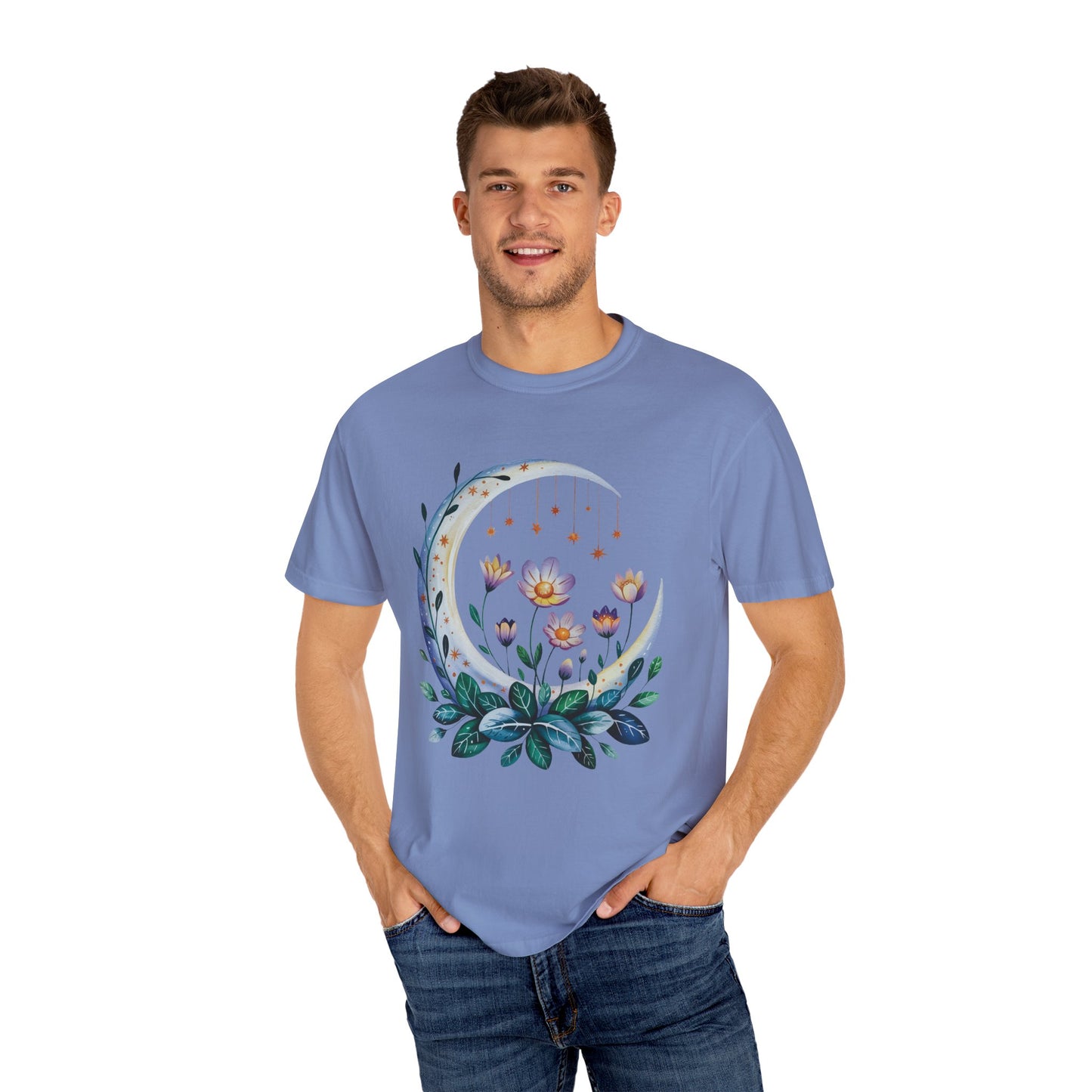 Crescent Moon Floral T-Shirt with intricate floral design, relaxed fit, and crew neckline, showcasing a bohemian style perfect for casual wear or gatherings, embodying FireBrook Essentials' uplifting and comfortable fashion.