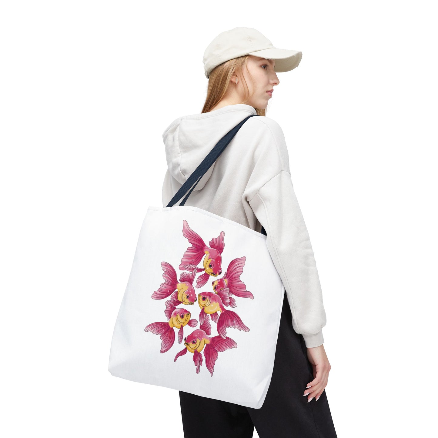 Fish Tote Bag - School of Fish Design featuring a serene marine pattern, ideal for ocean lovers. Durable polyester with reinforced handles, perfect for carrying essentials, embodying FireBrook Essentials' uplifting and practical style.