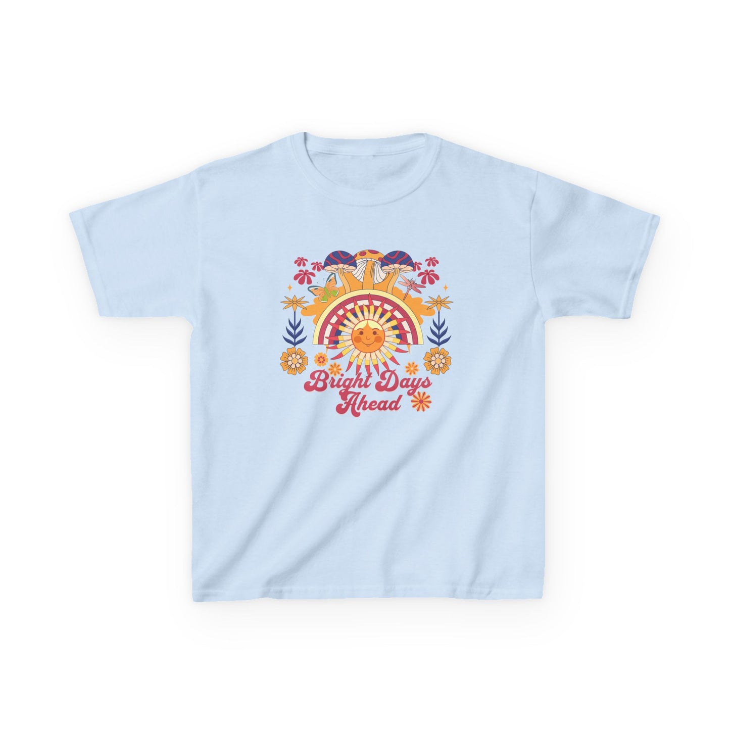Bright Days Ahead Youth Gildan Unisex T-Shirt featuring a playful graphic of a smiling sun, flowers, and cartoon mushrooms, perfect for adding joy and creativity to your child's wardrobe.