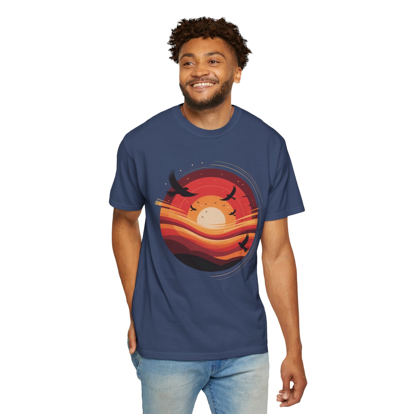 Sunset Energy Abstract T-Shirt features a bold sunset design with layered concentric rings and silhouetted birds, offering vibrant, relaxed-fit style ideal for summer and casual gatherings.