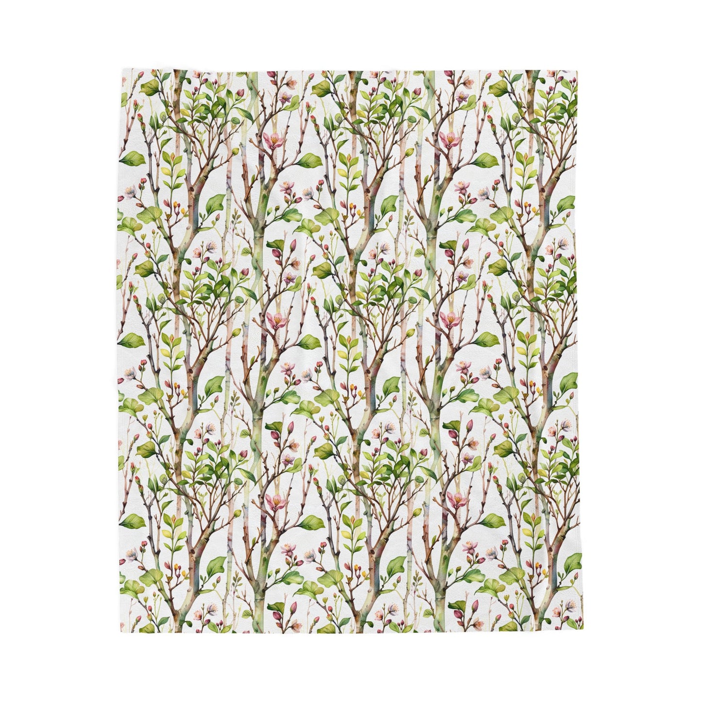 Plush Blanket - Blooming Forest Floor Design features a pattern of tree branches with pink flowers and budding leaves, embodying a serene, nature-inspired vibe. Perfect for cozy comfort and gifting occasions.