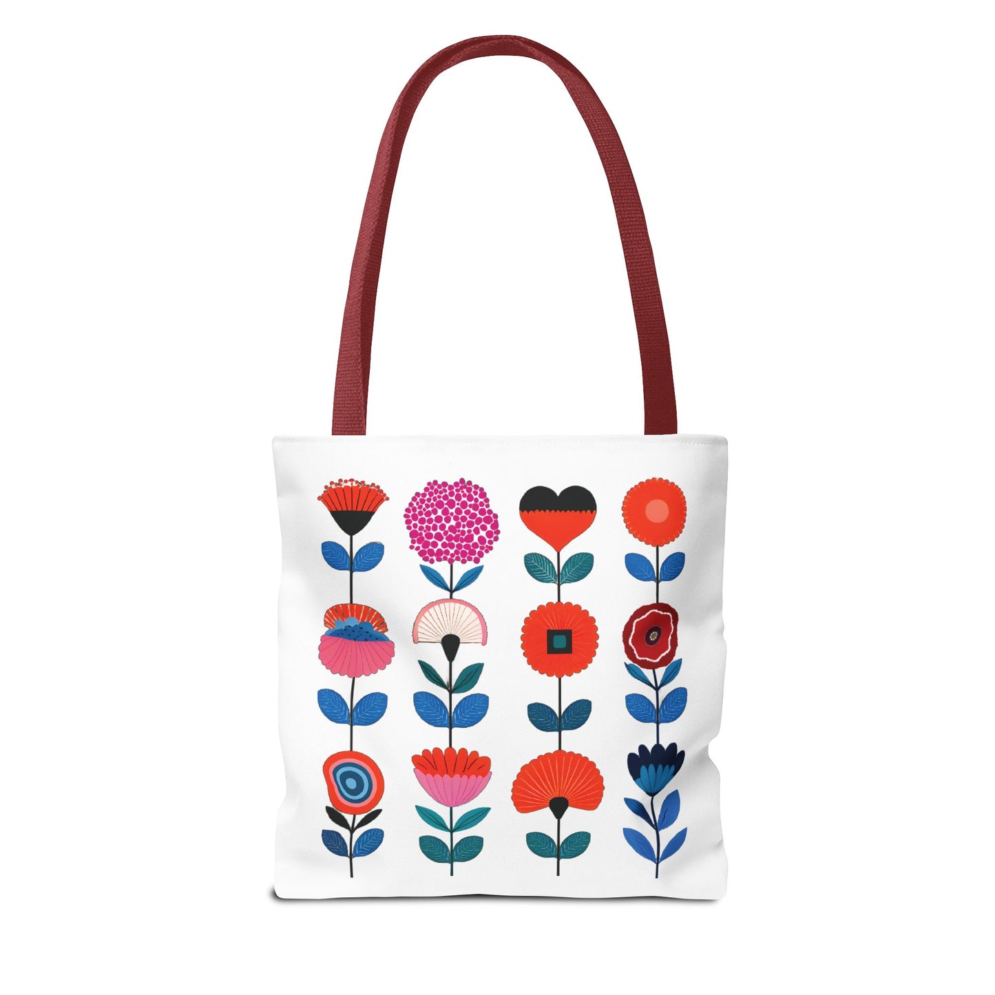Floral Pattern Tote Bag with vibrant flower design and red handles, perfect for carrying essentials in style and comfort. Ideal for daily use and adventures.