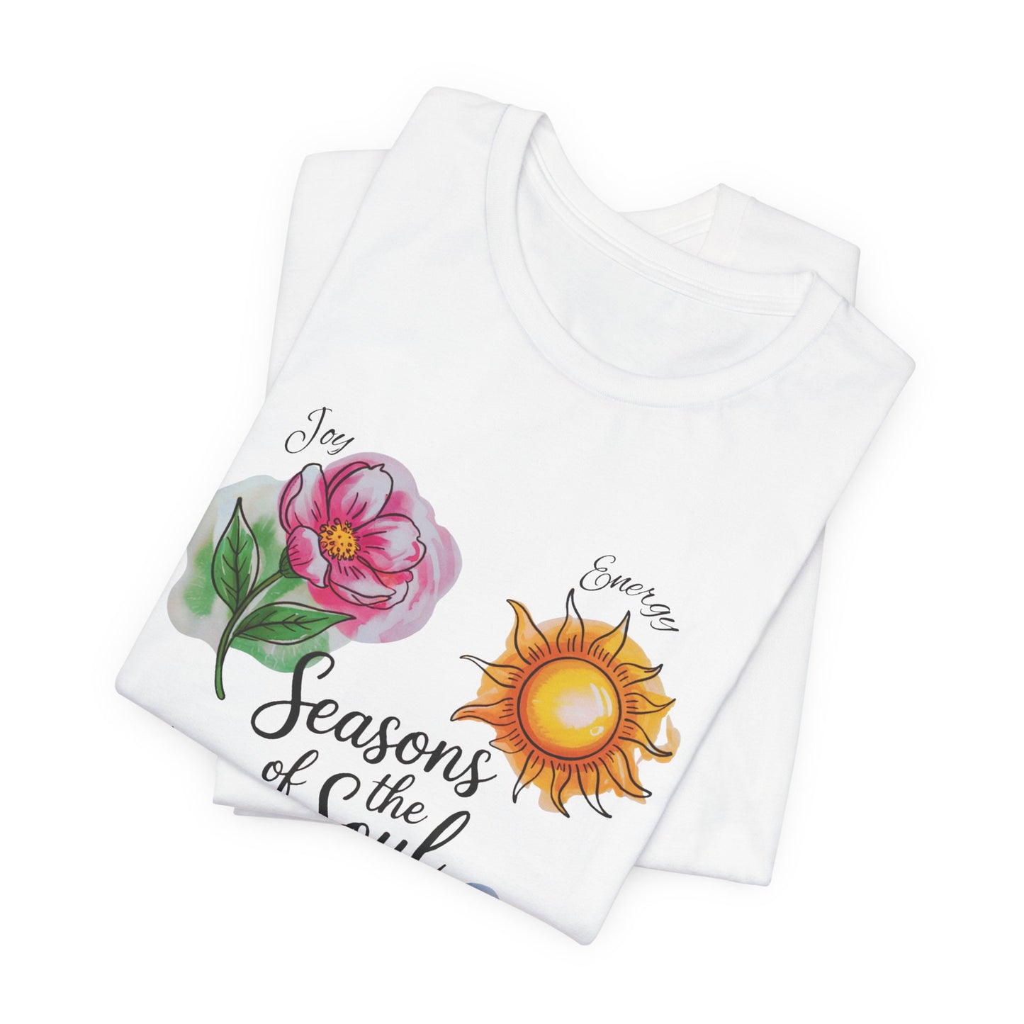 Seasons of the Soul: Joy, Energy, Wisdom & Peace T-Shirt, a unisex short-sleeve tee featuring a harmonious design, ideal for spiritual practices and everyday comfort, embodies FireBrook Essentials' uplifting style.