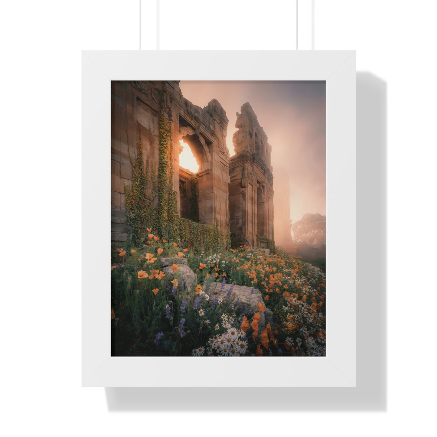 Vertical Poster - Ancient Palace Ruins with Wildflowers and Sunrise Photography Art Print features a stone arch amidst vibrant wildflowers, capturing ethereal beauty and historical architecture, perfect for adding tranquility to any space.