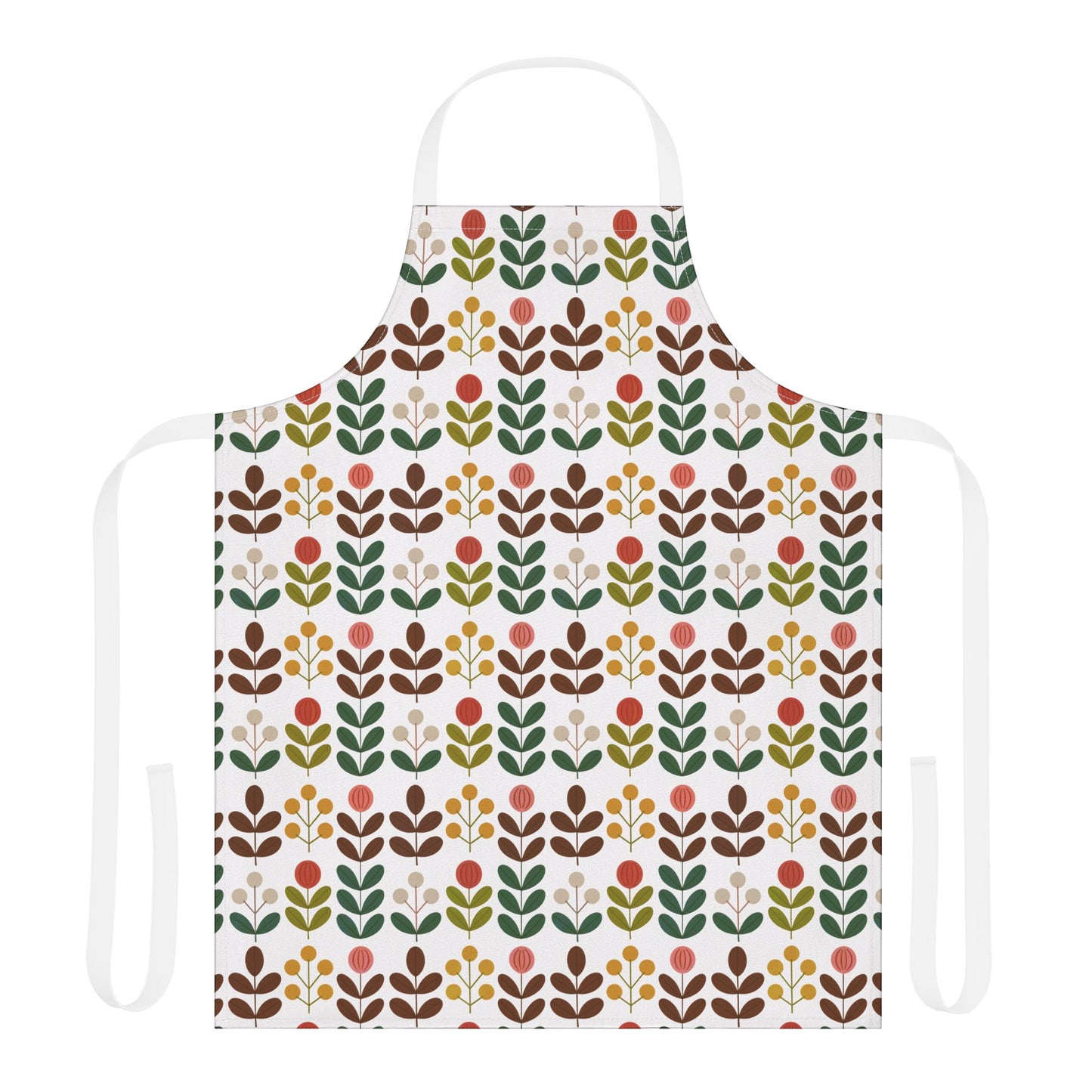 Flower Pattern Apron: A vibrant apron featuring a floral design, perfect for creative cooks and artists, offering comfort and protection with its polyester canvas and tie-back closure, enhancing any kitchen or studio setting.