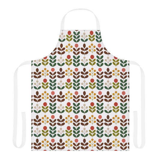 Flower Pattern Apron: A vibrant apron featuring a floral design, perfect for creative cooks and artists, offering comfort and protection with its polyester canvas and tie-back closure, enhancing any kitchen or studio setting.
