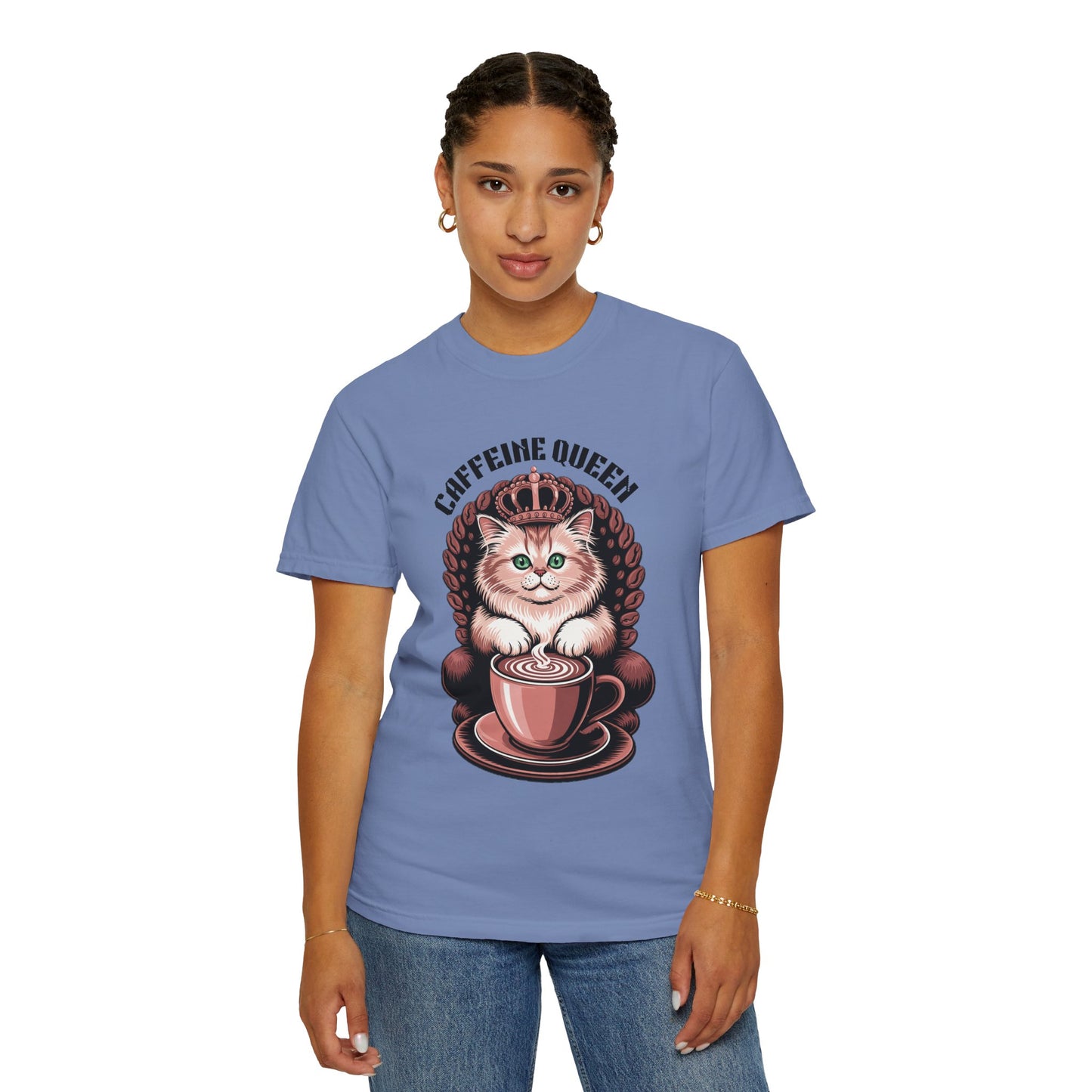 Cat Caffeine Queen T-shirt featuring a crowned cat enjoying coffee, worn by a woman. Perfect for cat and coffee lovers, aligning with FireBrook Essentials' focus on stylish, joyful apparel.