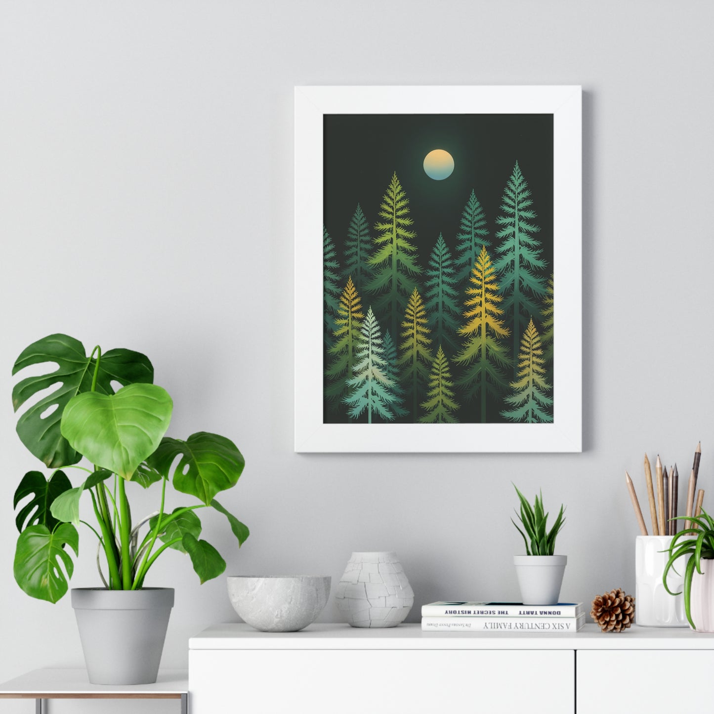 Vertical Forest Poster showcasing slender pine trees in light hues on a dark backdrop, framed and ready to hang, adding nature's calm to any space. Ideal for nature lovers and art enthusiasts.