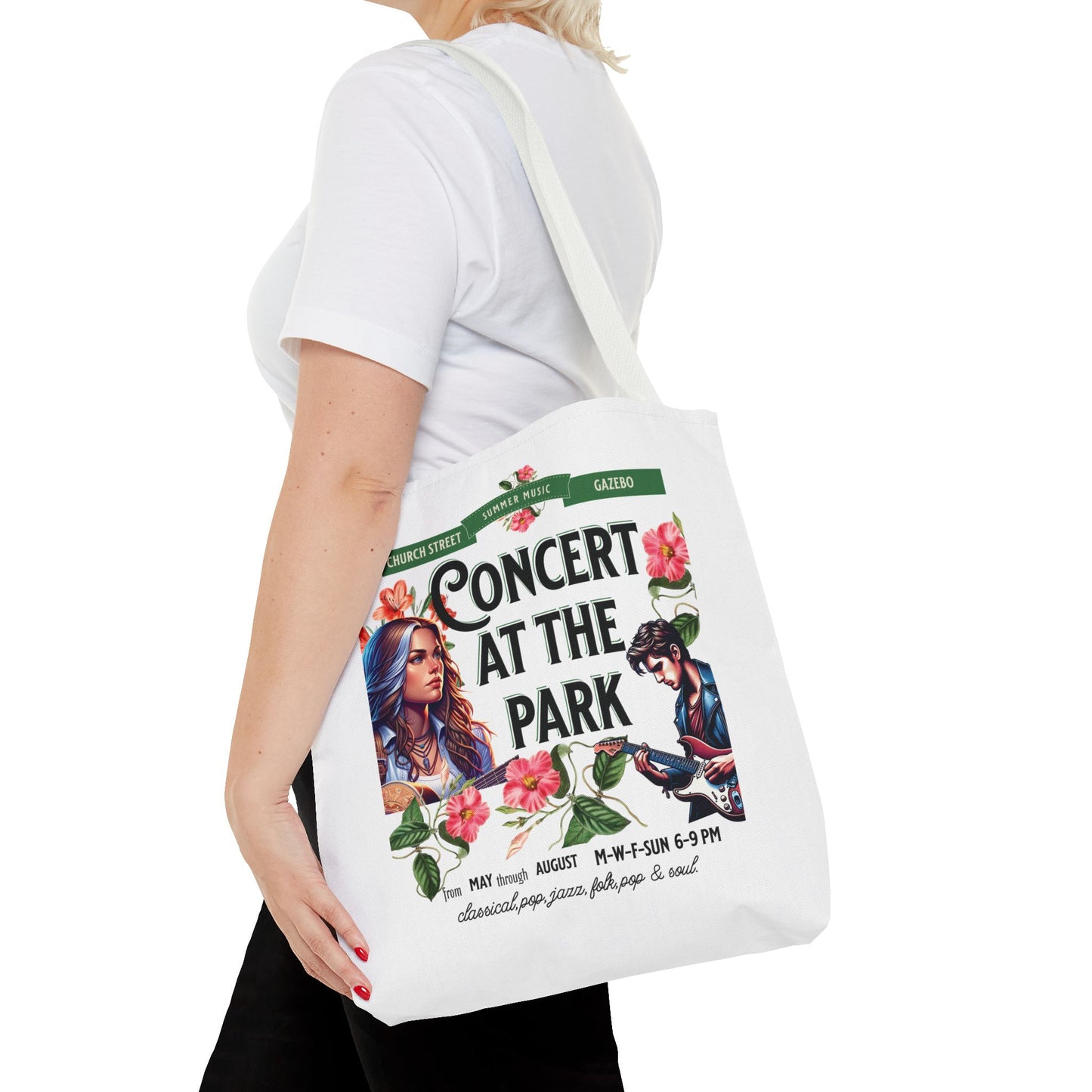Concert At the Park Tote Bag carried by a woman, showcasing its spacious design and durability, ideal for music festivals and outdoor gatherings.