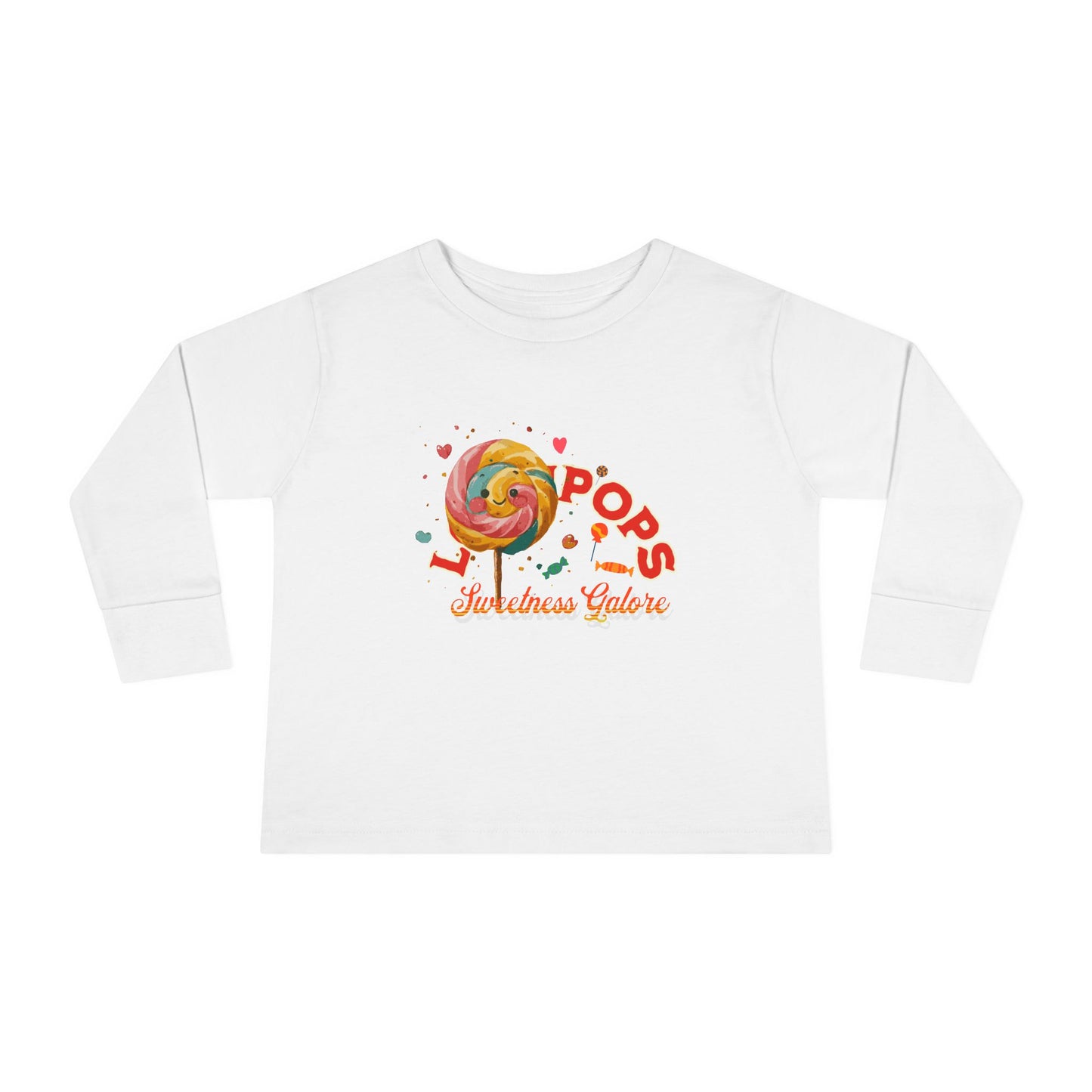Lollipop Toddler T-Shirt featuring a playful lollipop design on a white long-sleeved shirt, ideal for adding fun and style to your child's wardrobe.