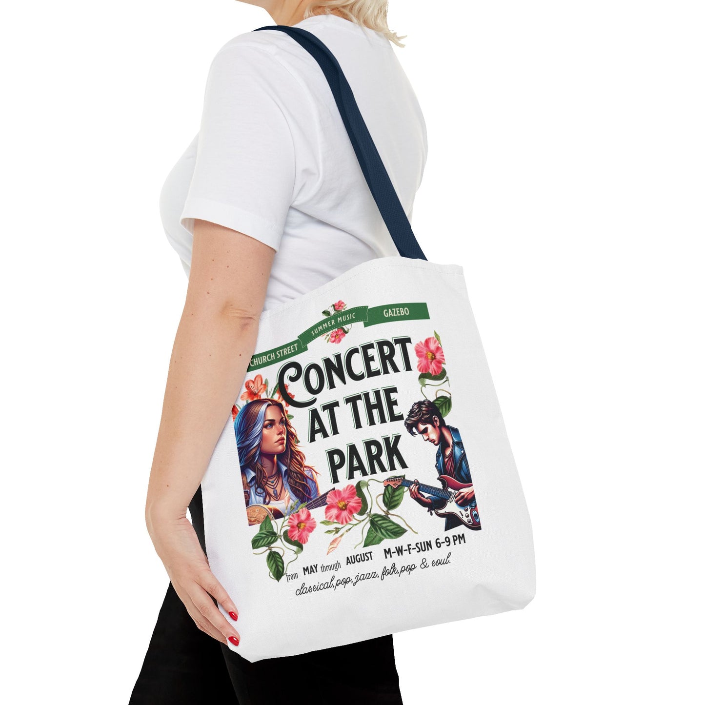 Concert At the Park Tote Bag held by a woman, showcasing its spacious, durable design, ideal for music festivals and outdoor activities.