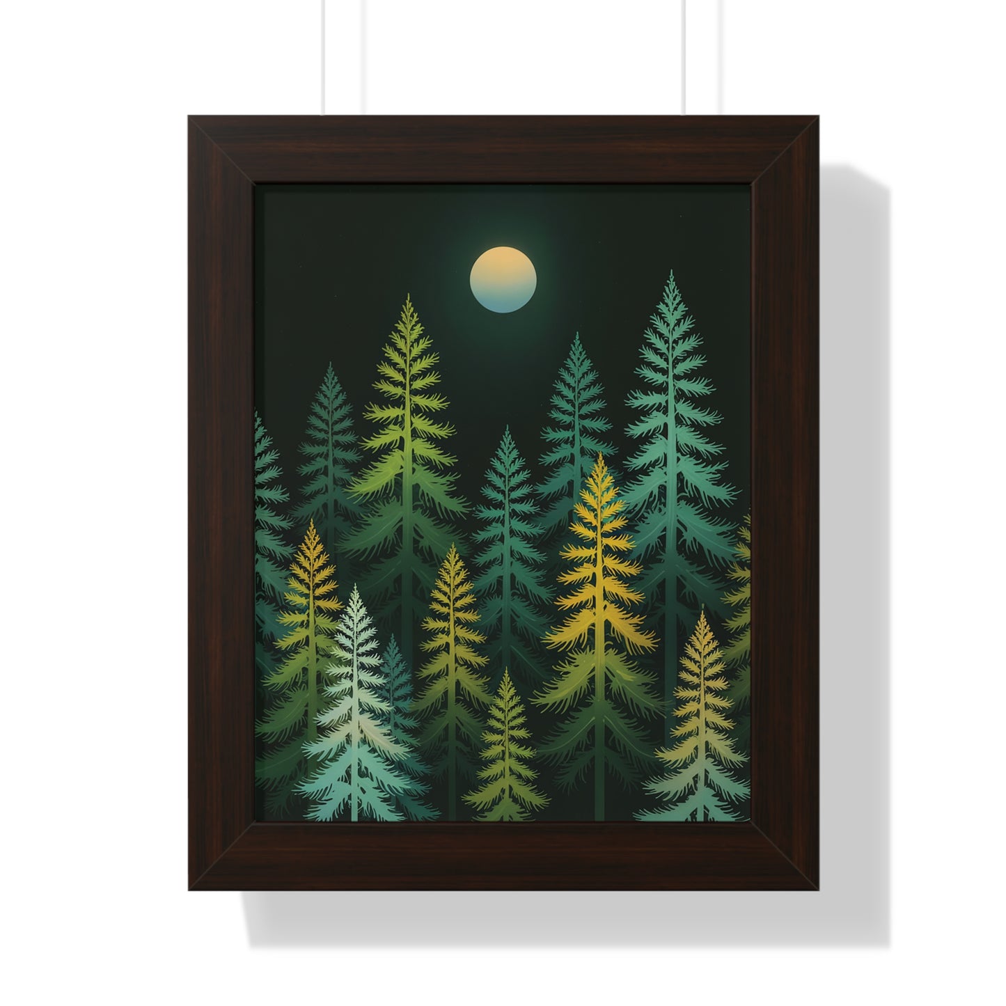 Vertical Forest Poster showcasing stylized pine trees in light green, yellow, and white, set against a dark background, framed and ready to enhance any space with nature-inspired calmness.