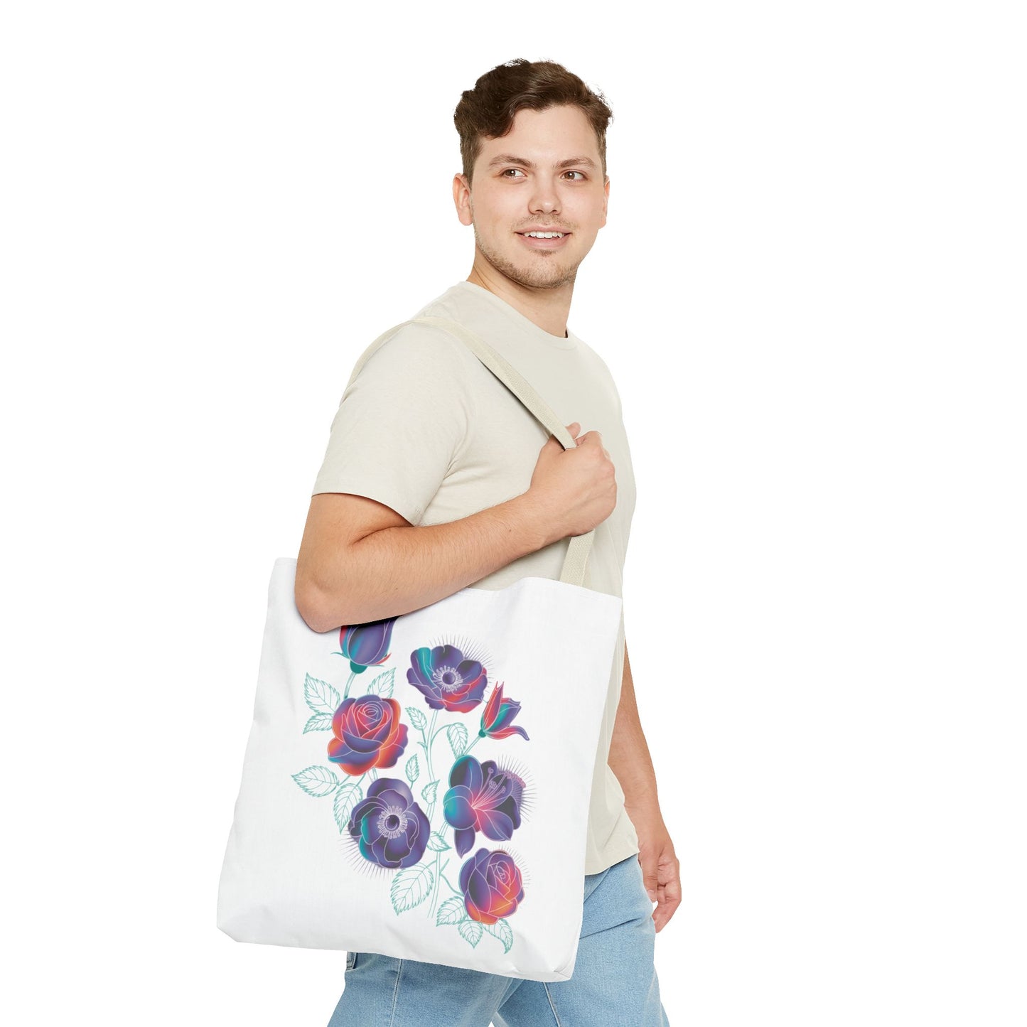 Vibrant Rose, Anemone, Lily Silhouettes Neon Floral Tote Bag features striking floral designs in neon hues against dark gray, perfect for stylishly carrying essentials, reflecting FireBrook Essentials' uplifting and joyful ethos.