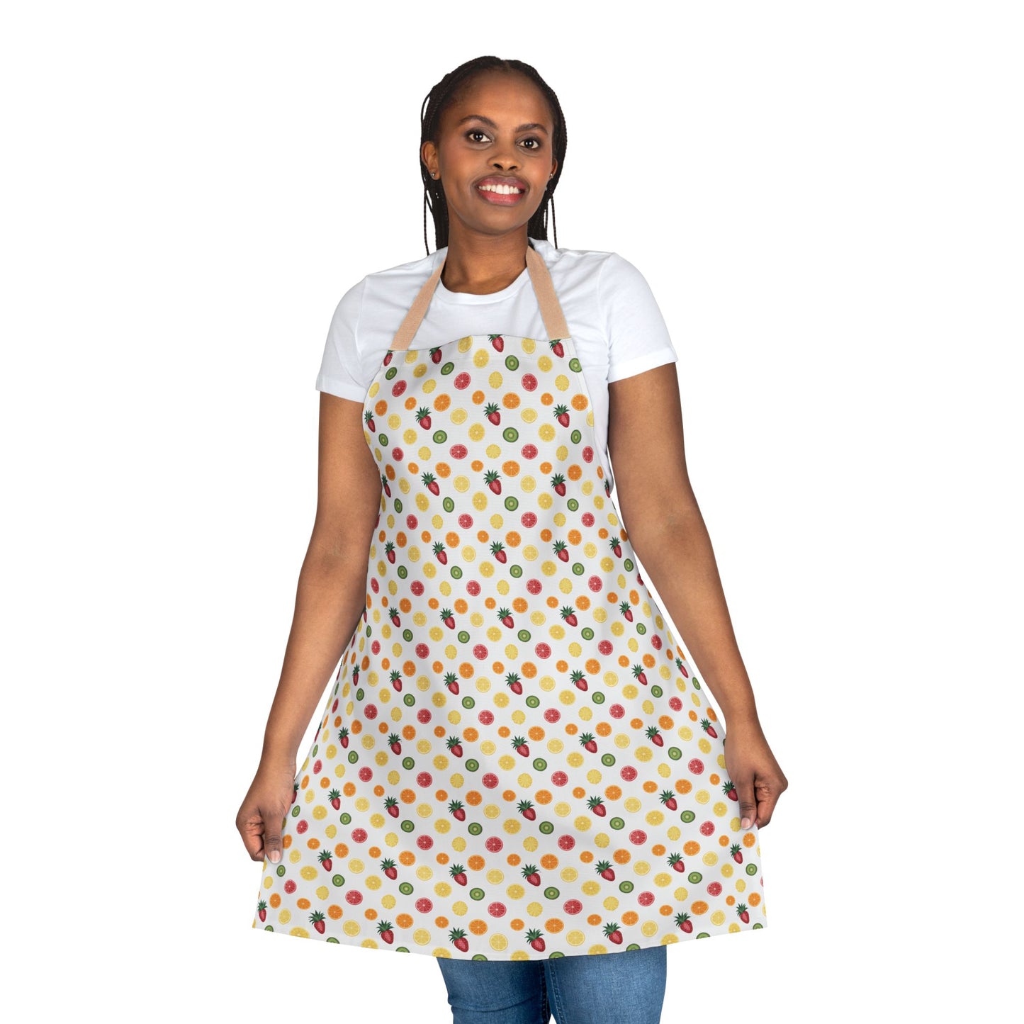 Apron, Fruit Slice Design, 5-Color Straps: A woman wears a vibrant apron adorned with colorful fruit slices, perfect for adding a cheerful, tropical touch to any cooking or baking occasion.