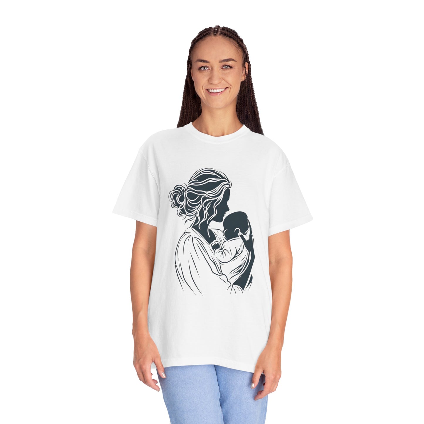 Mom and Baby Silhouette T-Shirt featuring a gentle silhouette design, crafted from garment-dyed fabric for a soft feel. Ideal for Mother's Day, it combines comfort and style with durable double-needle stitching.