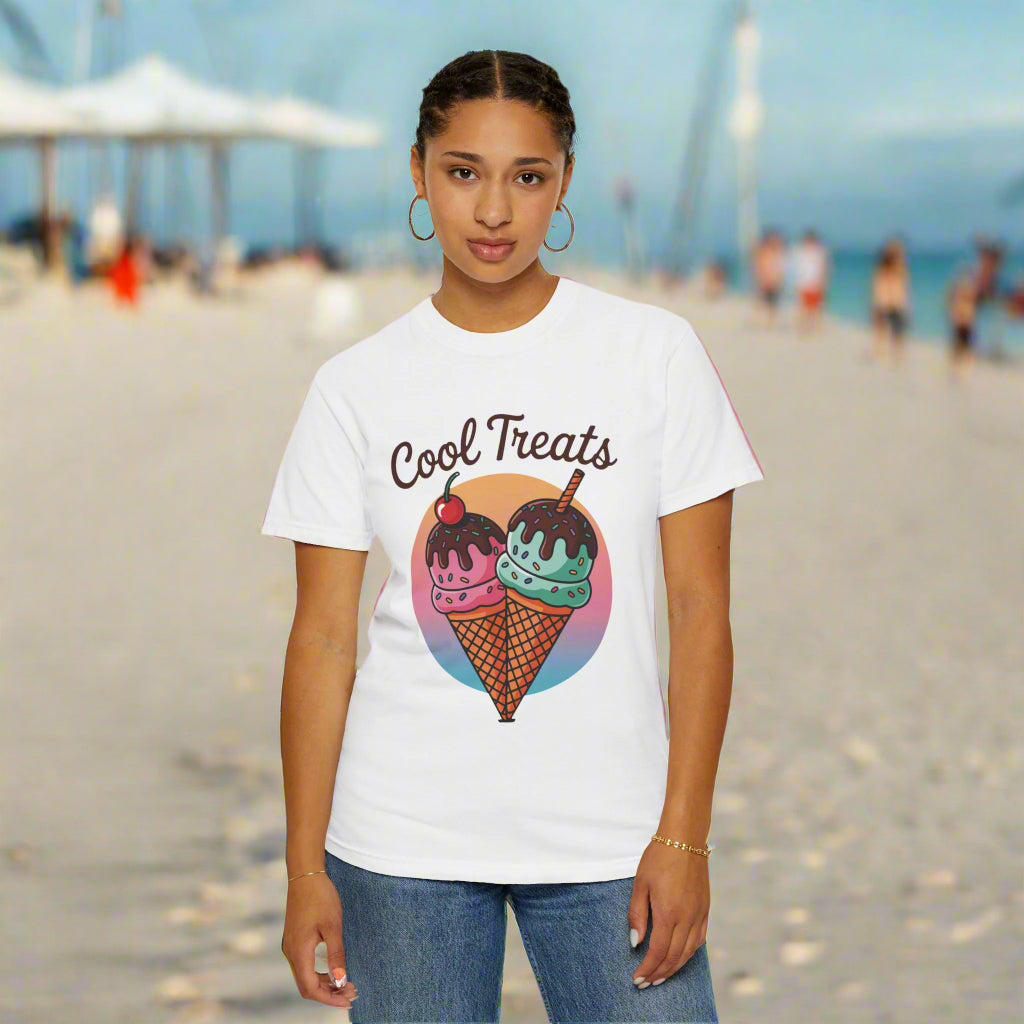 Ice Cream Cool Treats Comfort Colors Unisex T-Shirt featuring vibrant ice cream cone graphics worn by a woman, embodying a fun, summery vibe perfect for casual summer gatherings.