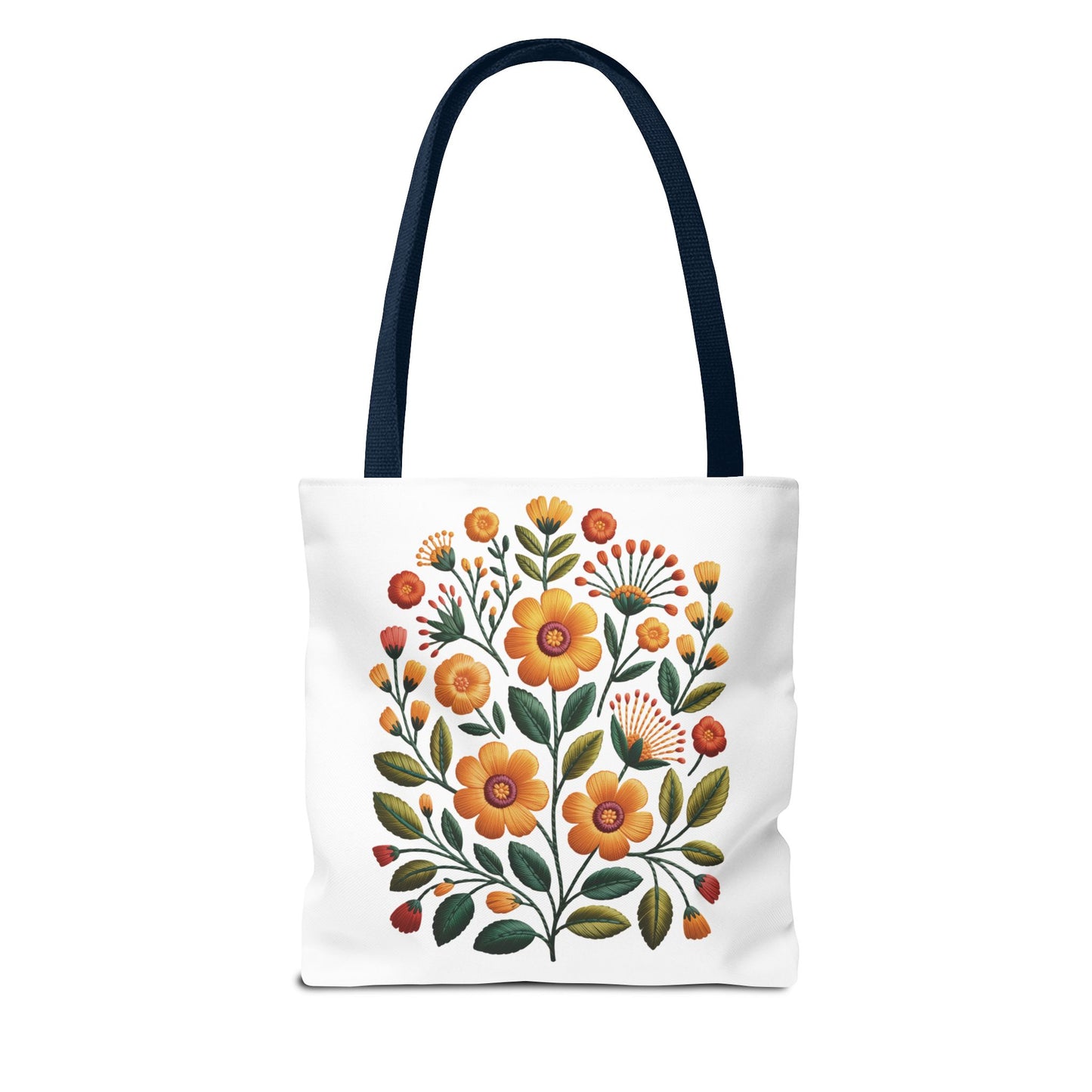 Folk Art Floral Faux Embroidery Style Tote Bag showcases a vibrant floral design with mustard yellow and earth tones, embodying a relaxed folk art aesthetic. Ideal for everyday use, it appeals to nature lovers and art enthusiasts.