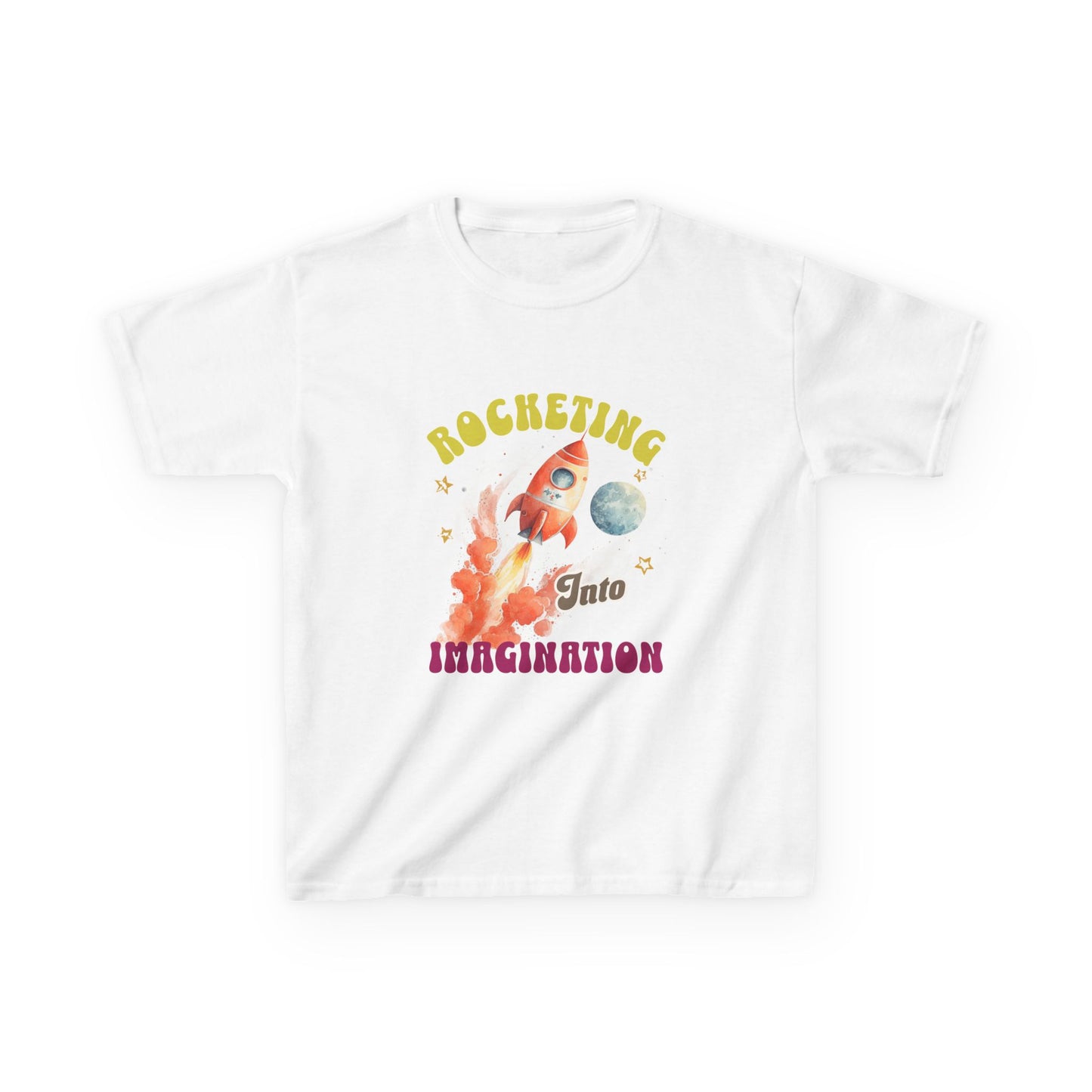 Rocketing Into Imagination Youth Gildan Unisex T-Shirt features a playful cartoon rocket design, inspiring kids' creativity and adventure. Perfect for everyday wear, it combines comfort with a fun space theme.