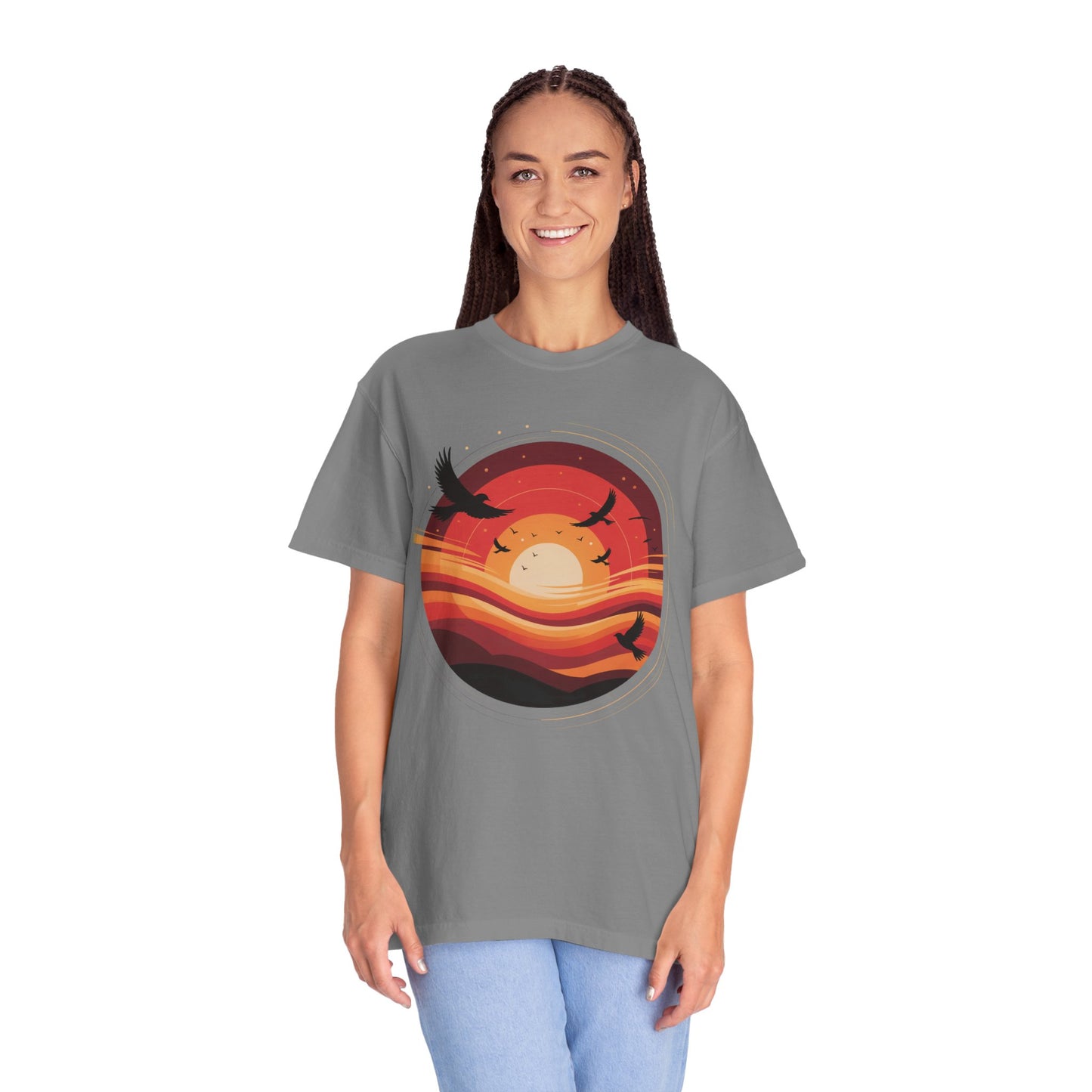 Sunset Energy Abstract T-Shirt showcases a dynamic sunset-themed design with concentric rings and silhouetted birds, made from soft, garment-dyed cotton for a vibrant, comfortable fit.