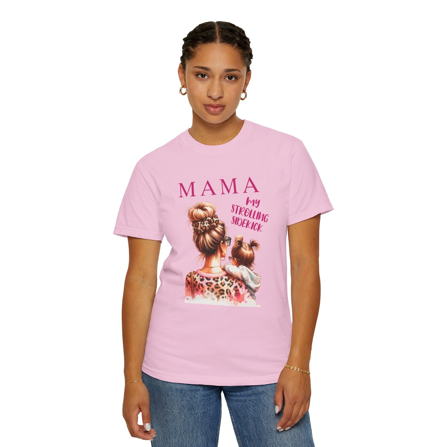 MAMA - My Strolling Sidekick T-Shirt: Unisex garment-dyed tee with 'MAMA - My Strolling Sidekick' design, offering a relaxed fit and classic crew neckline, perfect for celebrating mother-child bonds.