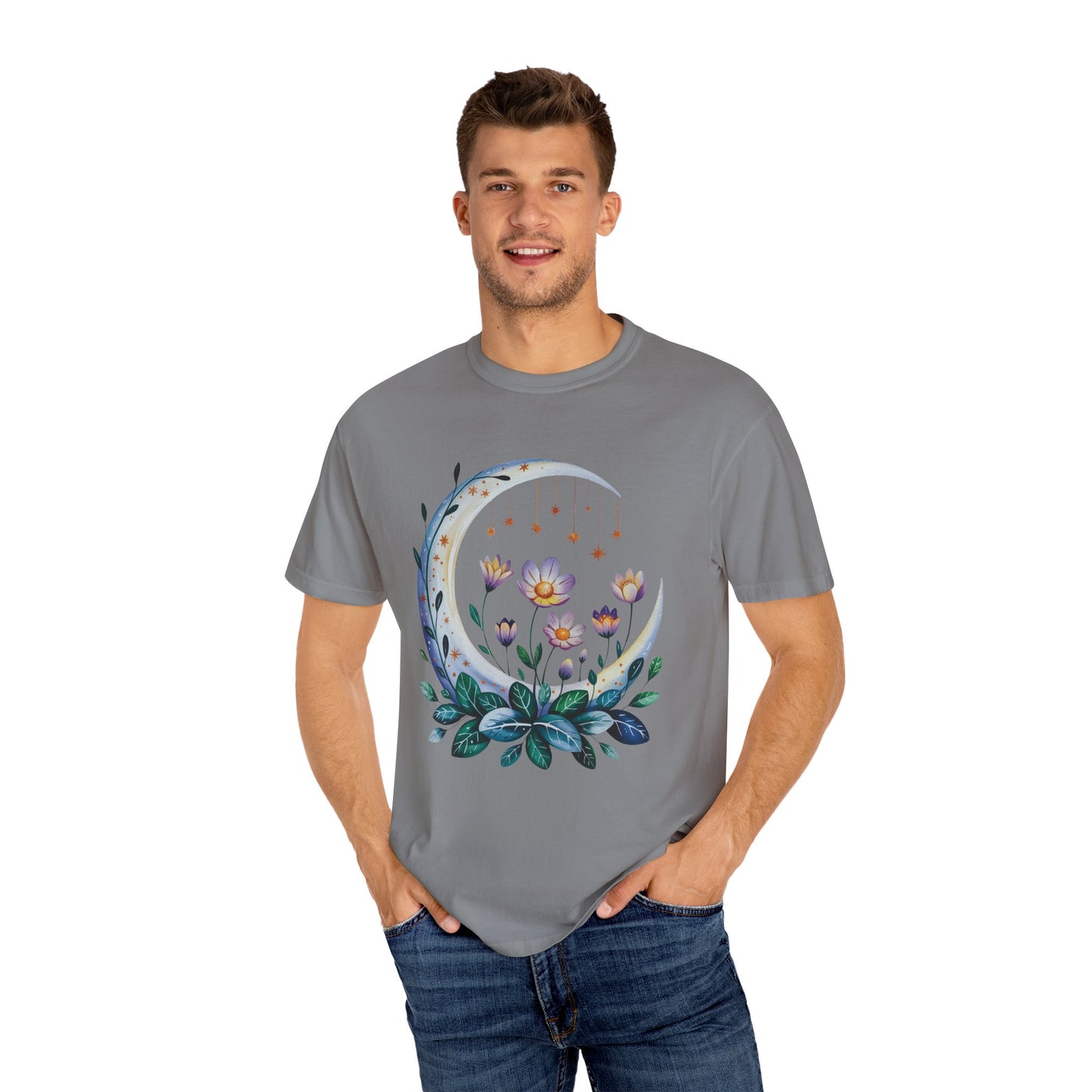 Crescent Moon Floral T-Shirt featuring a relaxed fit and crew neckline, showcasing a bohemian floral design. Ideal for nature lovers, blending comfort with style, embodying FireBrook Essentials' uplifting and joyful spirit.