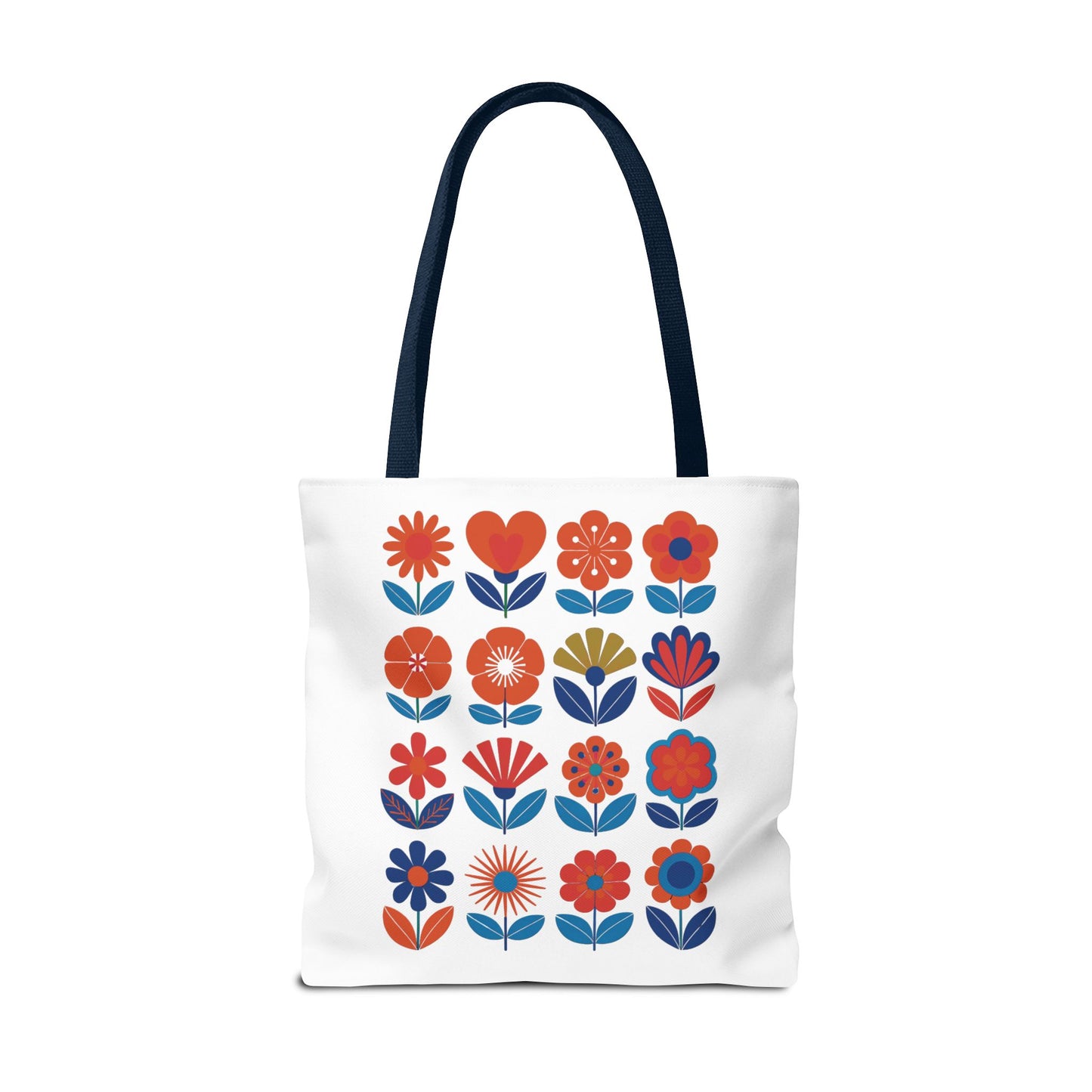 Floral Tote Bag with mid-century modern floral design, showcasing reinforced handles and boxed corners for durability and style. Ideal for everyday use, available in multiple sizes, from FireBrook Essentials.