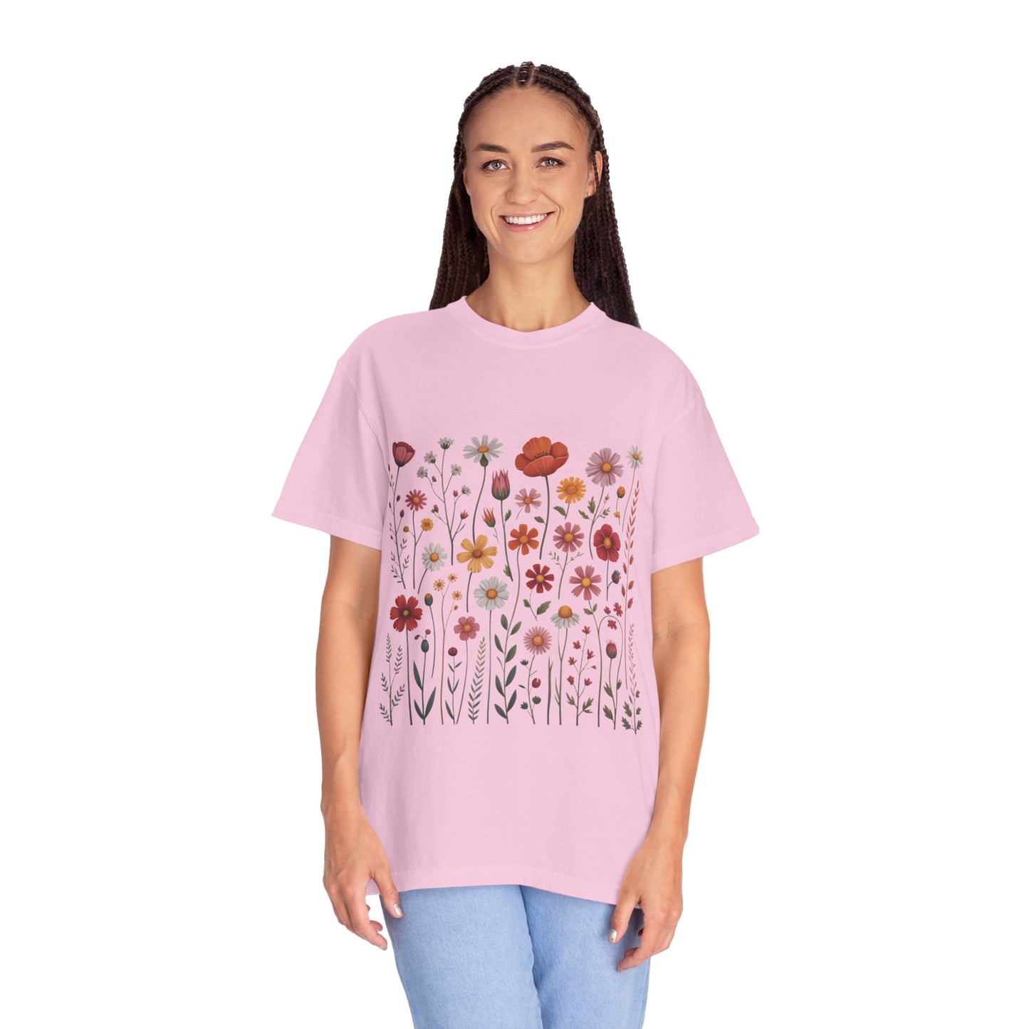 Wildflowers Summer T-Shirt featuring vibrant floral patterns, designed for outdoor enthusiasts. This comfortable shirt offers a sleek look with double-needle stitching, perfect for casual summer outings. Ethically made with 100% US cotton.