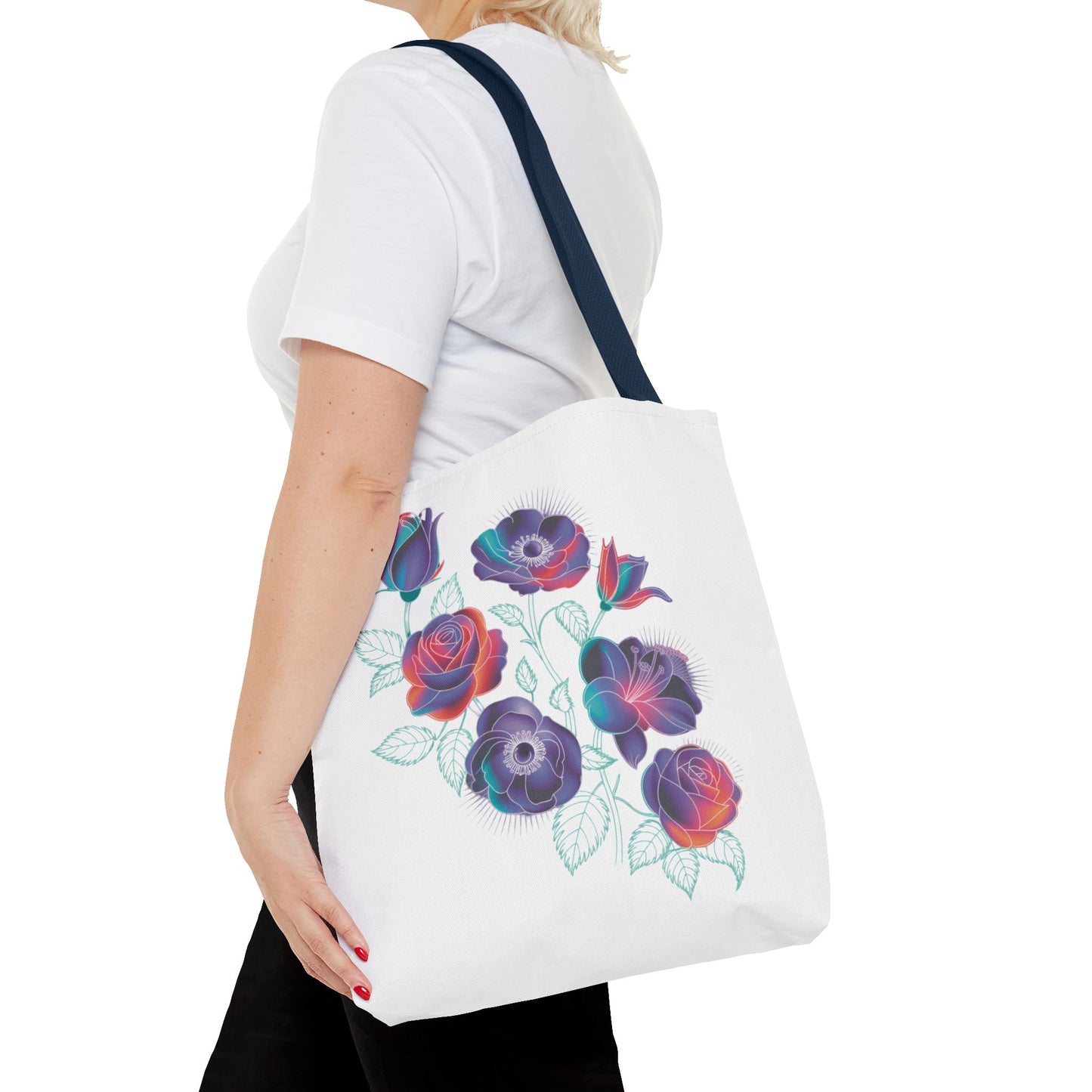 Vibrant Rose, Anemone, Lily Silhouettes Neon Floral Tote Bag featuring striking floral silhouettes in neon hues on a sturdy, durable tote, perfect for adding style and color to everyday essentials.