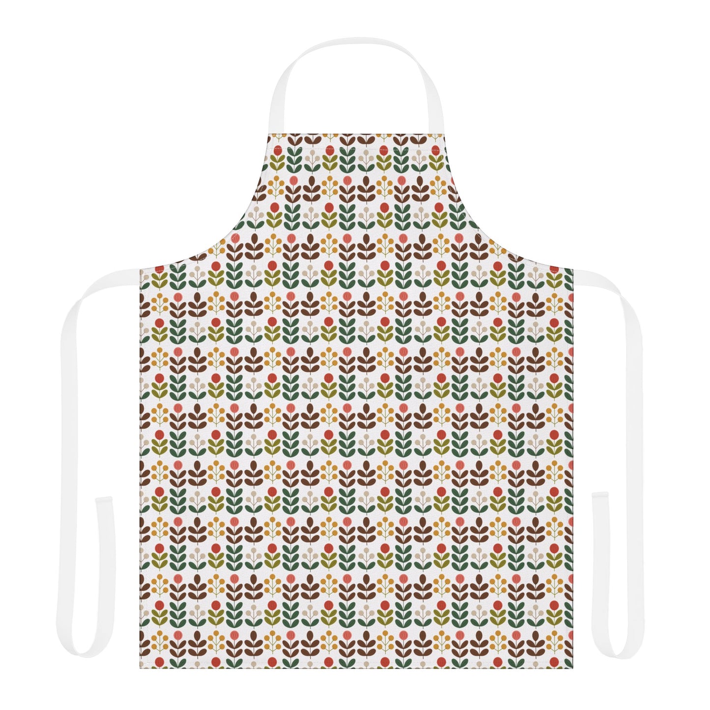 Flower Pattern Apron featuring a vibrant floral design, ideal for creative activities. Made from 100% polyester, it offers comfort with a tie-back closure, perfect for enhancing joyful culinary or artistic experiences.