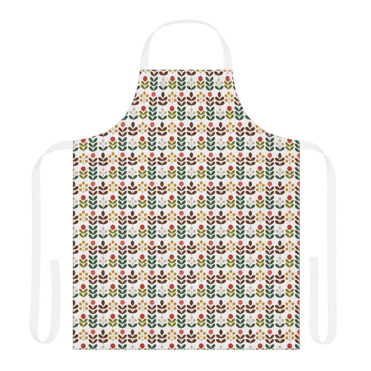 Flower Pattern Apron featuring a vibrant floral design, ideal for creative activities. Made from 100% polyester, it offers comfort with a tie-back closure, perfect for enhancing joyful culinary or artistic experiences.