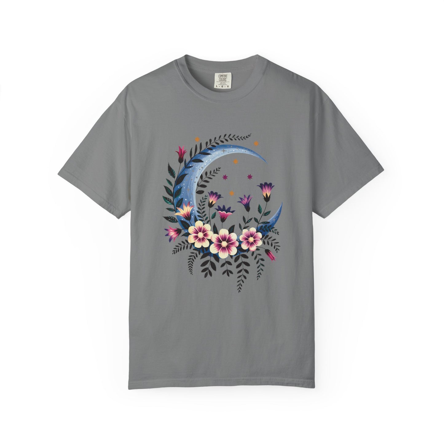 Crescent Moon Floral T-Shirt with relaxed fit and crew neckline, displaying a bohemian design that epitomizes FireBrook Essentials' commitment to stylish, comfortable apparel perfect for casual gatherings and special occasions.