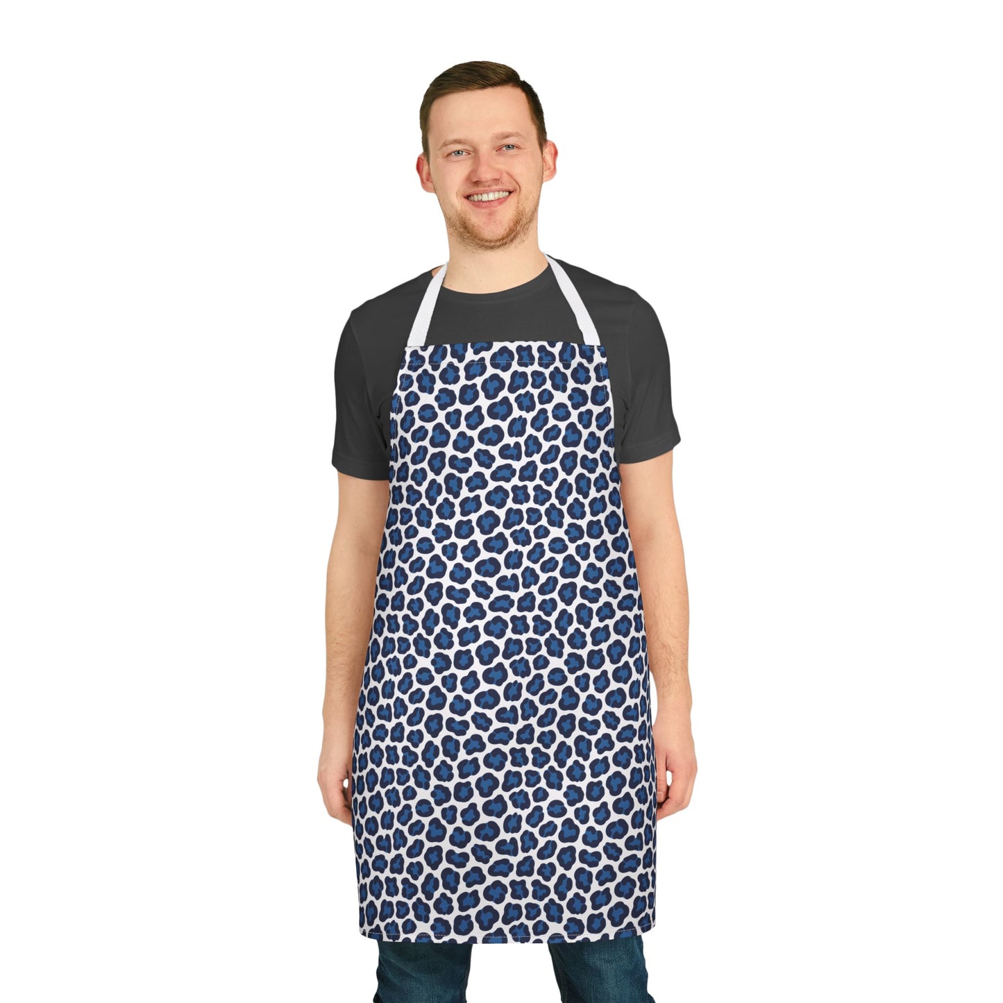 Apron, Cheetah Print: A man's smiling face above a vibrant cheetah print apron, showcasing its stylish design and comfortable fit, perfect for adding fun to cooking or crafting sessions.