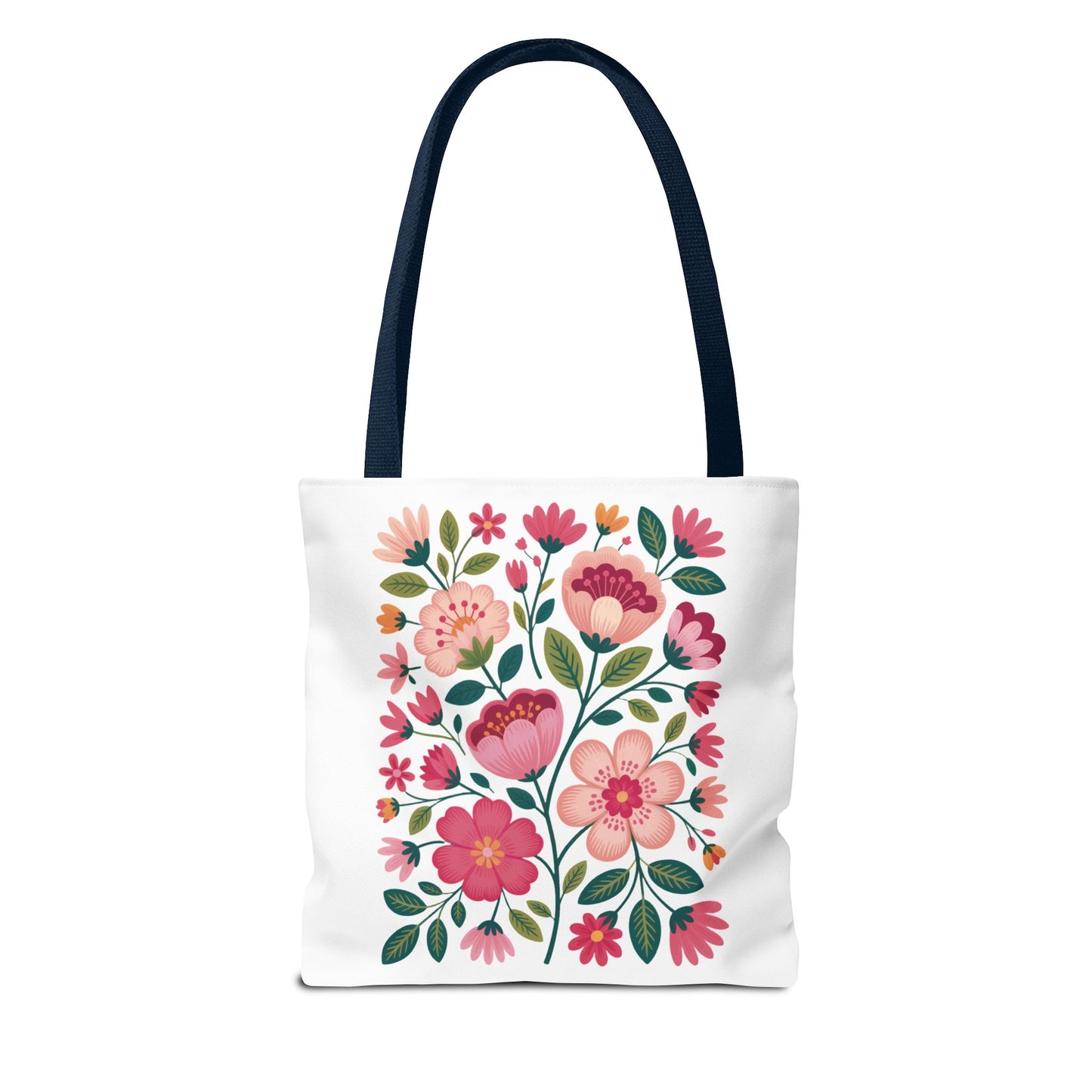 Pink Floral Folk-Art Style Tote Bag featuring vibrant pink and magenta flowers with dusty green leaves, perfect for carrying essentials with style. Durable, available in multiple sizes, ideal for nature lovers.