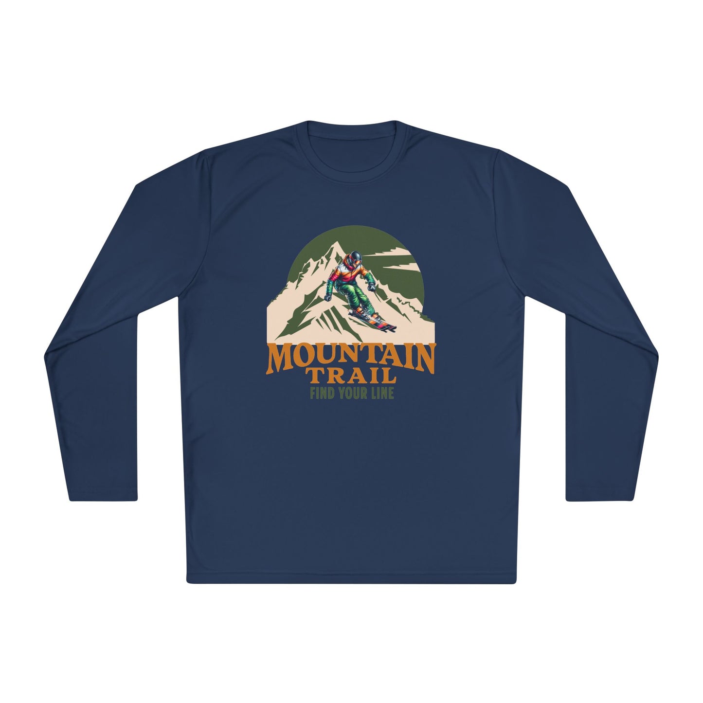 Mountain Trail Long Sleeve Tee - Find Your Line Sport-Tek Unisex T-Shirt featuring a graphic of a skier on a mountain, perfect for outdoor enthusiasts seeking comfort and style from FireBrook Essentials.