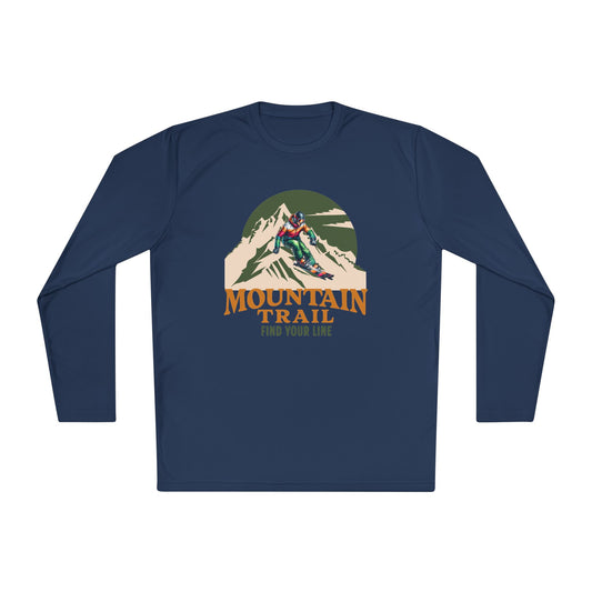 Mountain Trail Long Sleeve Tee - Find Your Line Sport-Tek Unisex T-Shirt featuring a graphic of a skier on a mountain, perfect for outdoor enthusiasts seeking comfort and style from FireBrook Essentials.