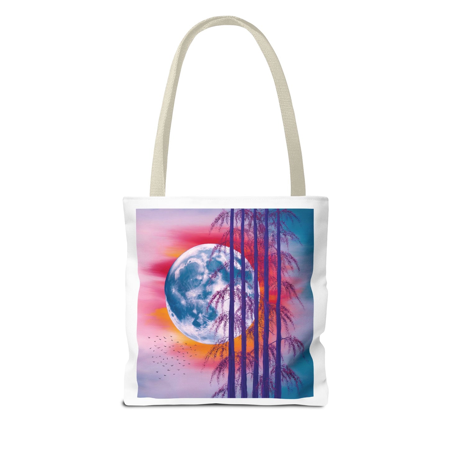 Moonlit Landscape Tote Bag showcasing a vibrant full moon amidst silhouetted trees in an abstract style, ideal for nature enthusiasts and artists. Durable, stylish, perfect for everyday use or gifting.