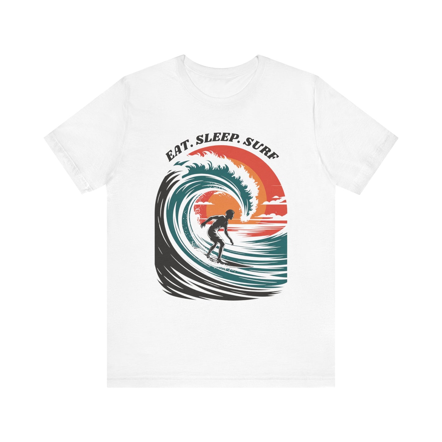 Surf Tee - Eat Sleep Surf Design featuring a graphic of a surfer riding a wave, embodies a relaxed beach vibe. Ideal for casual wear, made with 100% Airlume cotton, promoting comfort and style.
