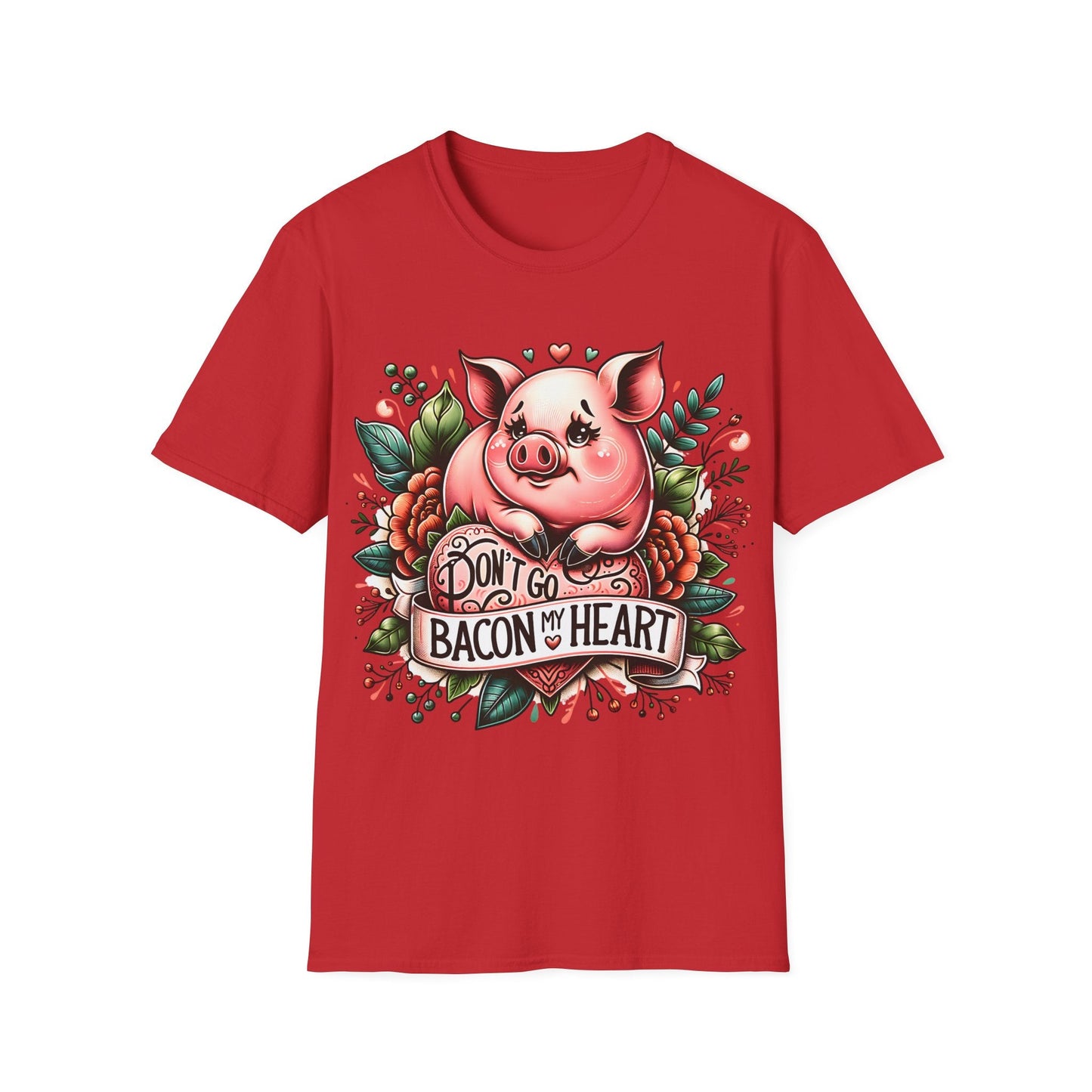 Dont Go Bacon My Heart Cute Pig T-Shirt featuring a playful pig graphic with a humorous pun, ideal for casual wear and perfect for bacon lovers and quirky style enthusiasts.