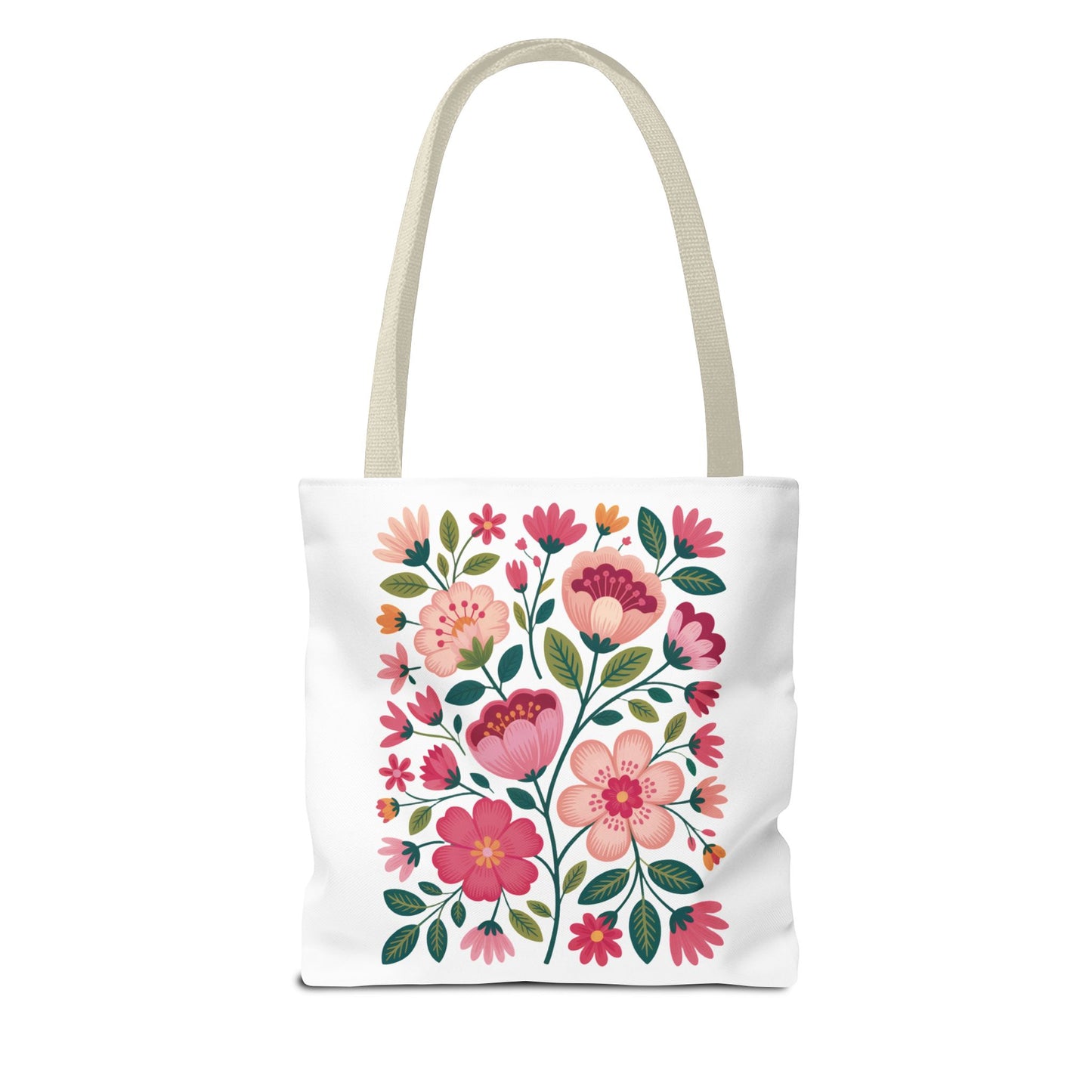 Pink Floral Folk-Art Style Tote Bag featuring vibrant pink and magenta flowers with green leaves, offering a fresh, artistic design. Ideal for carrying essentials, aligning with FireBrook Essentials' joyful and stylish ethos.