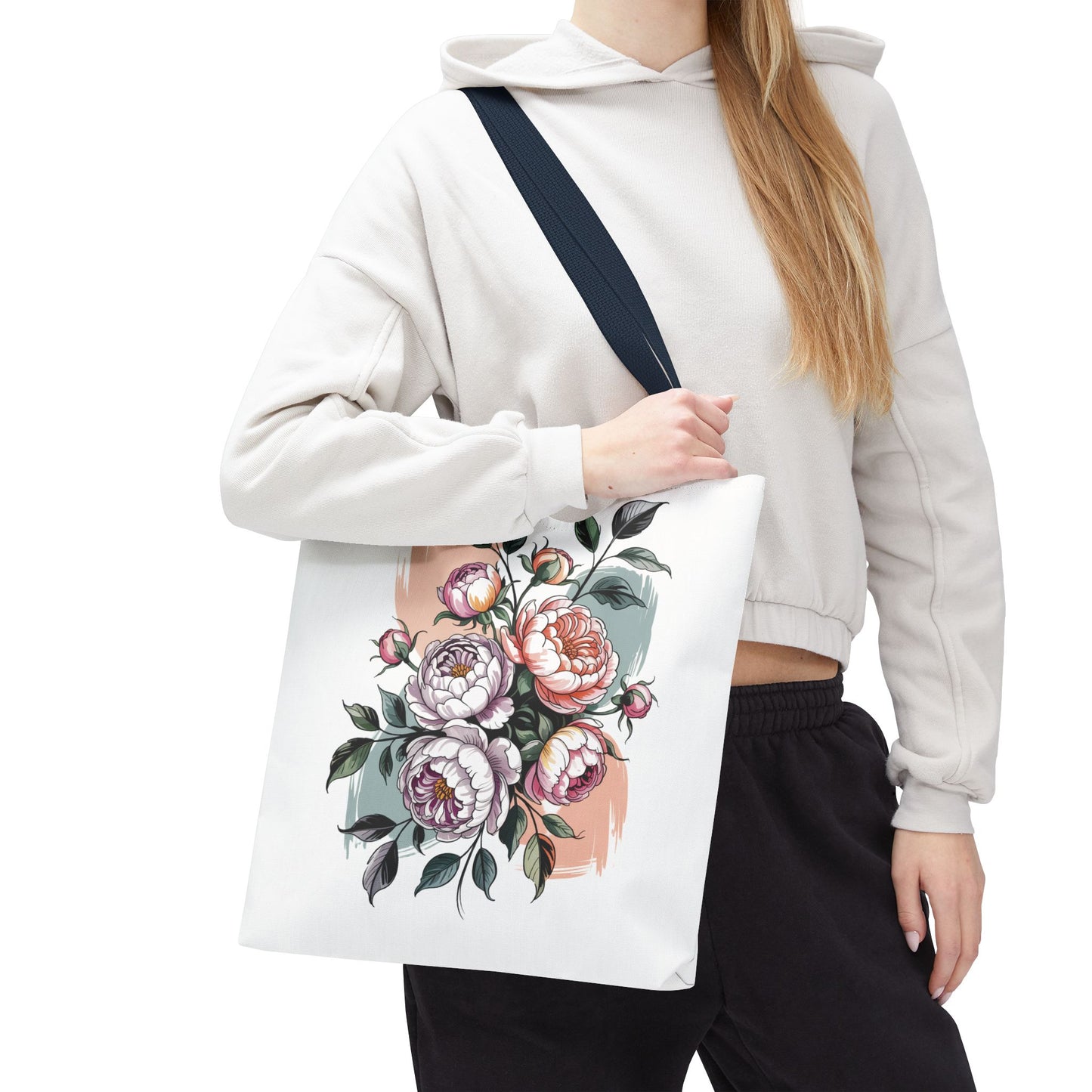 Vintage Peony Tote Bag: A stylish, floral-themed tote perfect for nature lovers, featuring durable polyester and reinforced handles. Ideal for carrying essentials, embodying FireBrook Designs' blend of comfort and uplifting style.